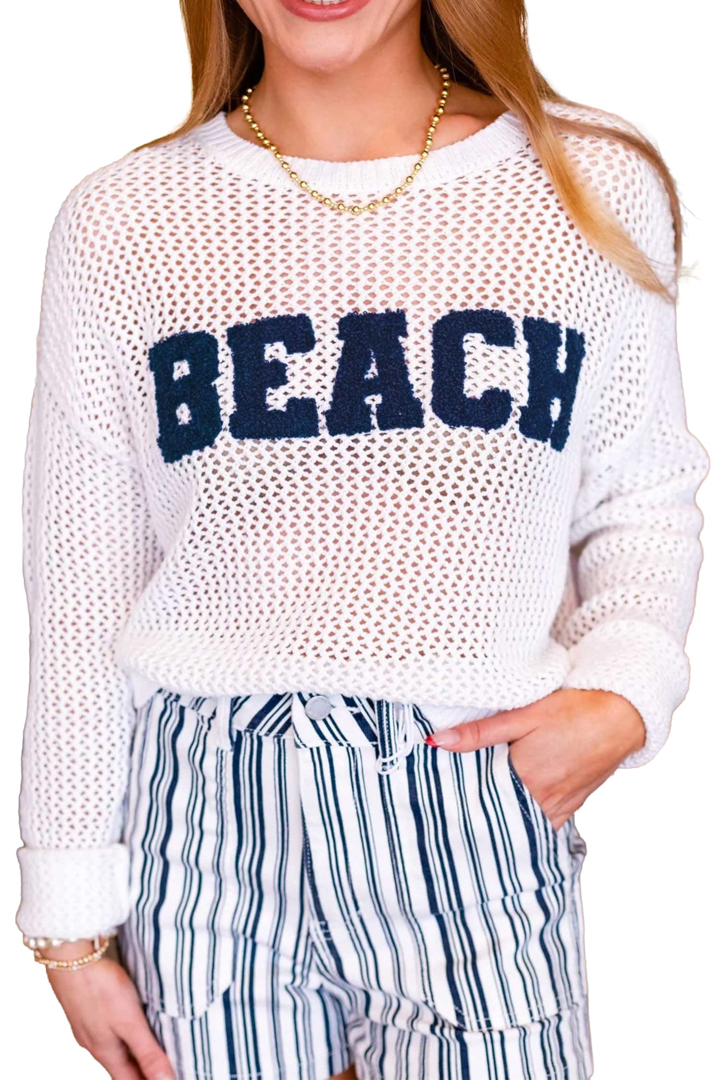 BEACH Lettering Hollow Out Knit Casual Sweater