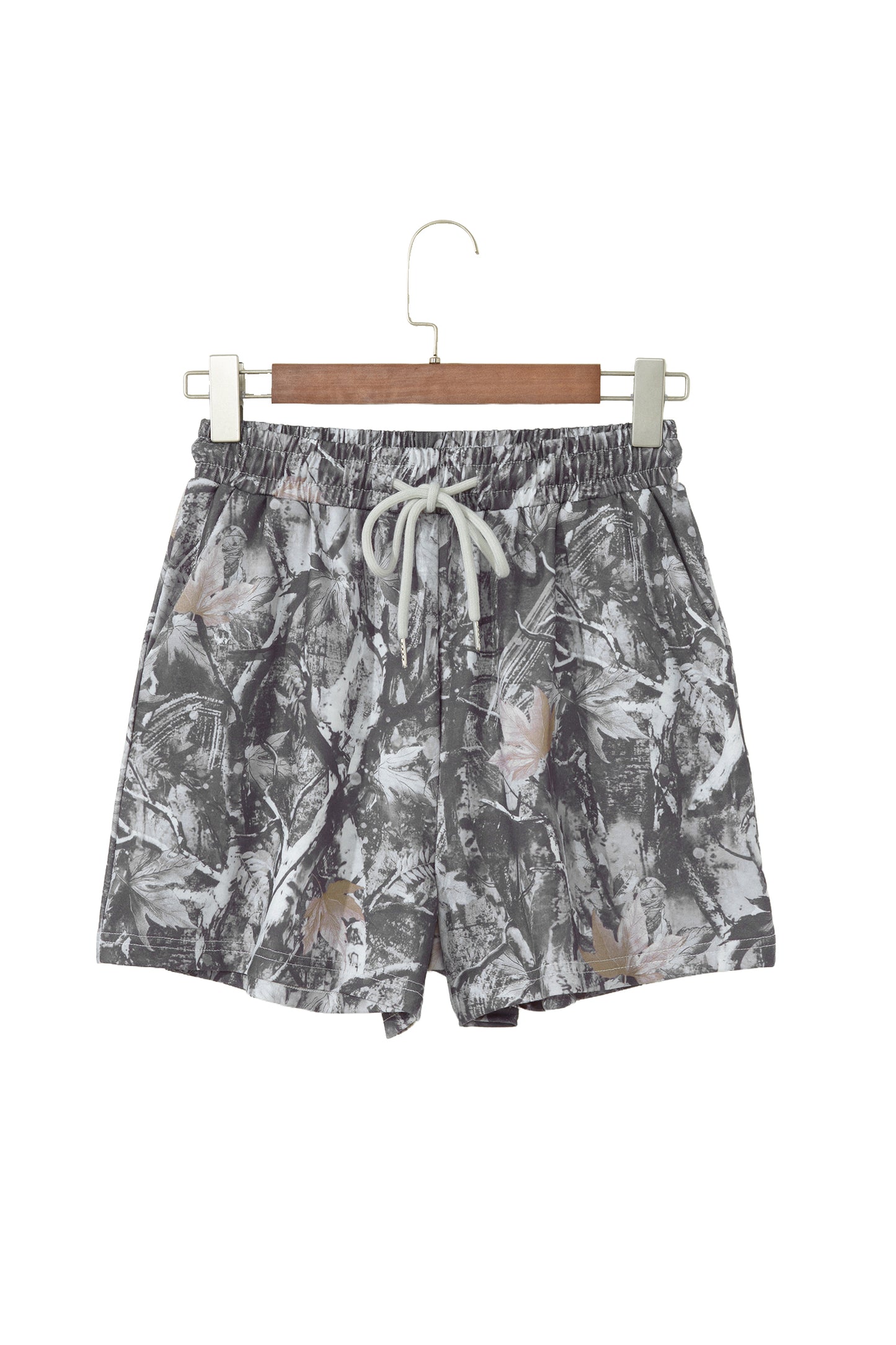 Gray Abstract Maple Leaf Printed Tie Elastic Waist Shorts