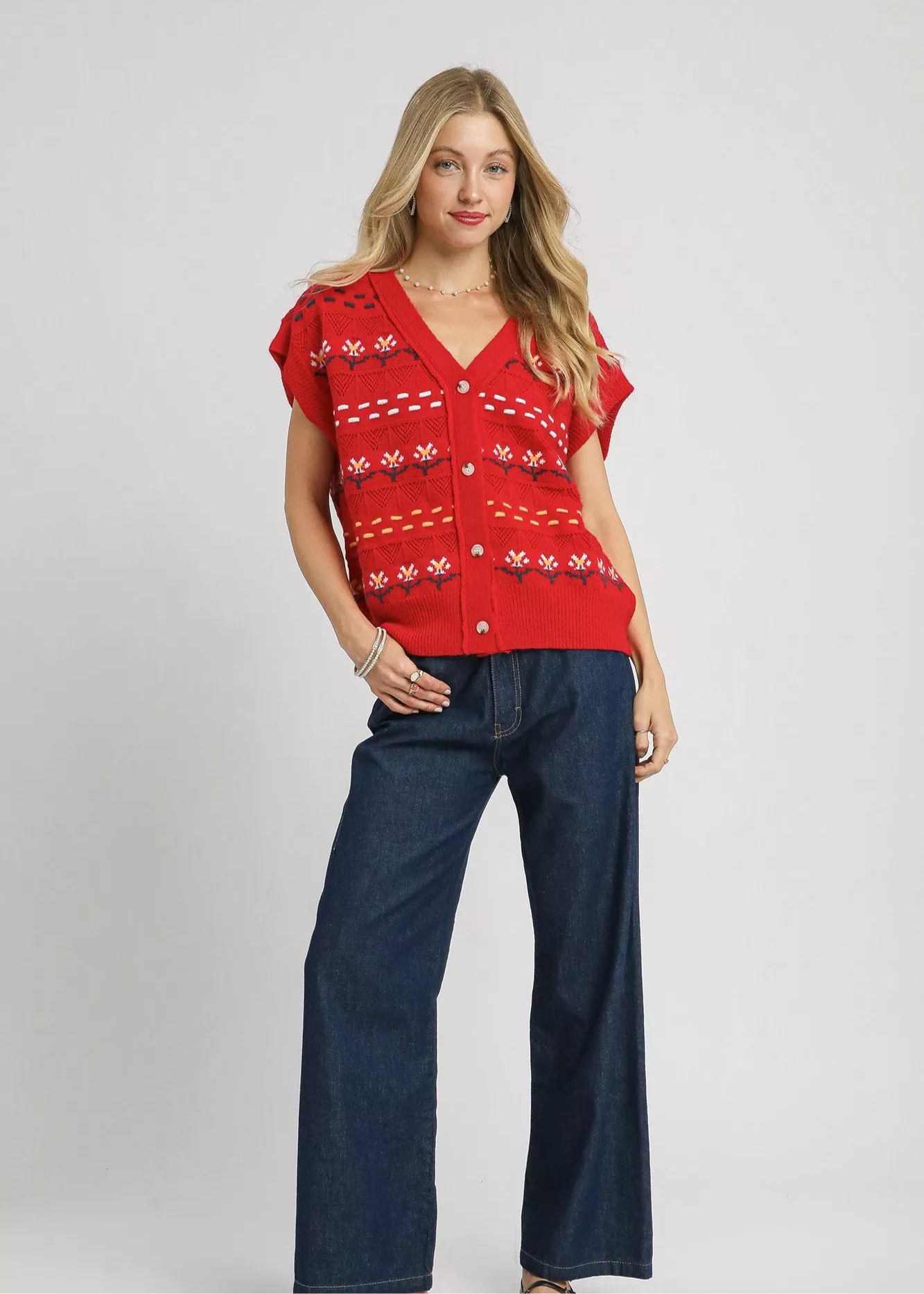 Umgee Button-Down Knit Vest with Floral Pattern