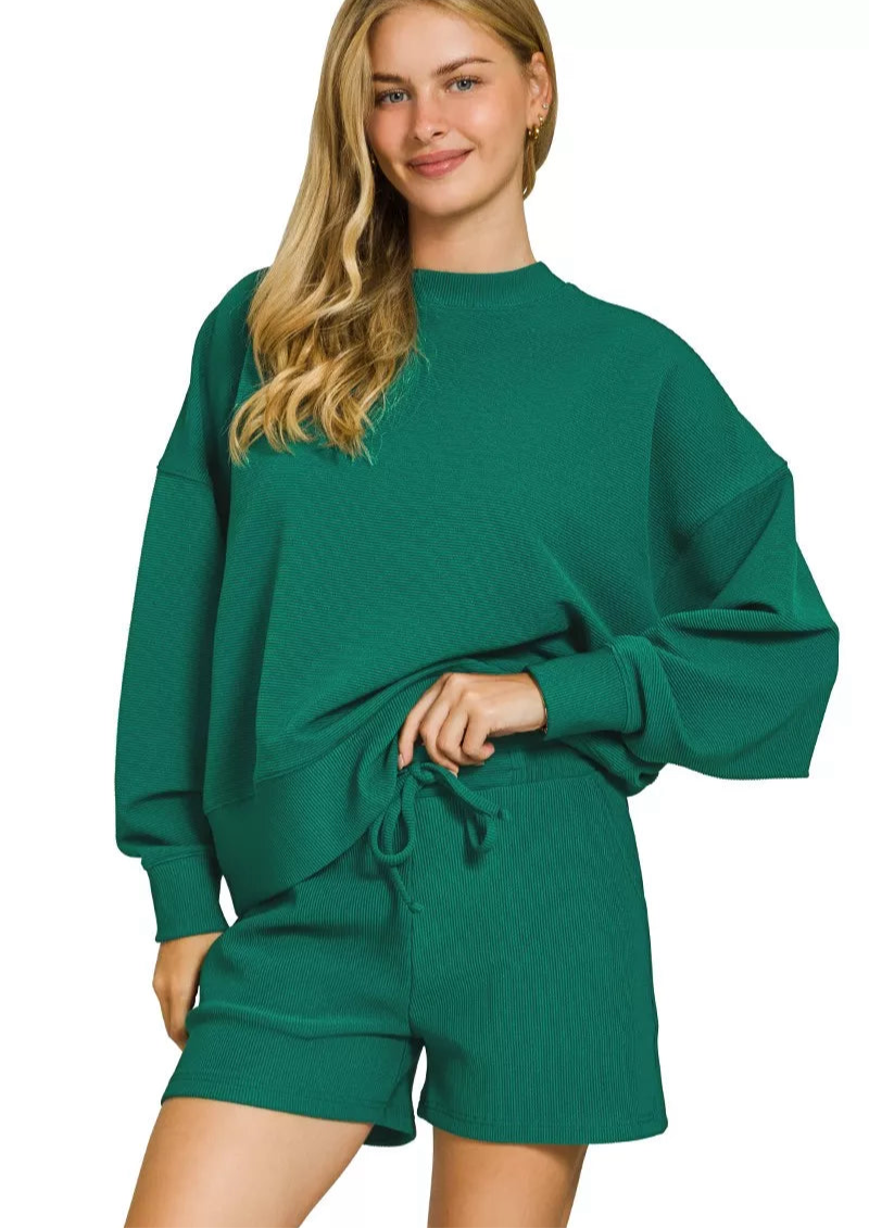 Zenana Ribbed Round Neck Pullover and Shorts Set