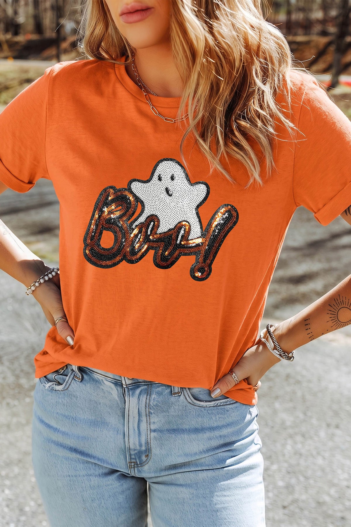 Orange Sequin Ghost Halloween Graphic T-Shirt
