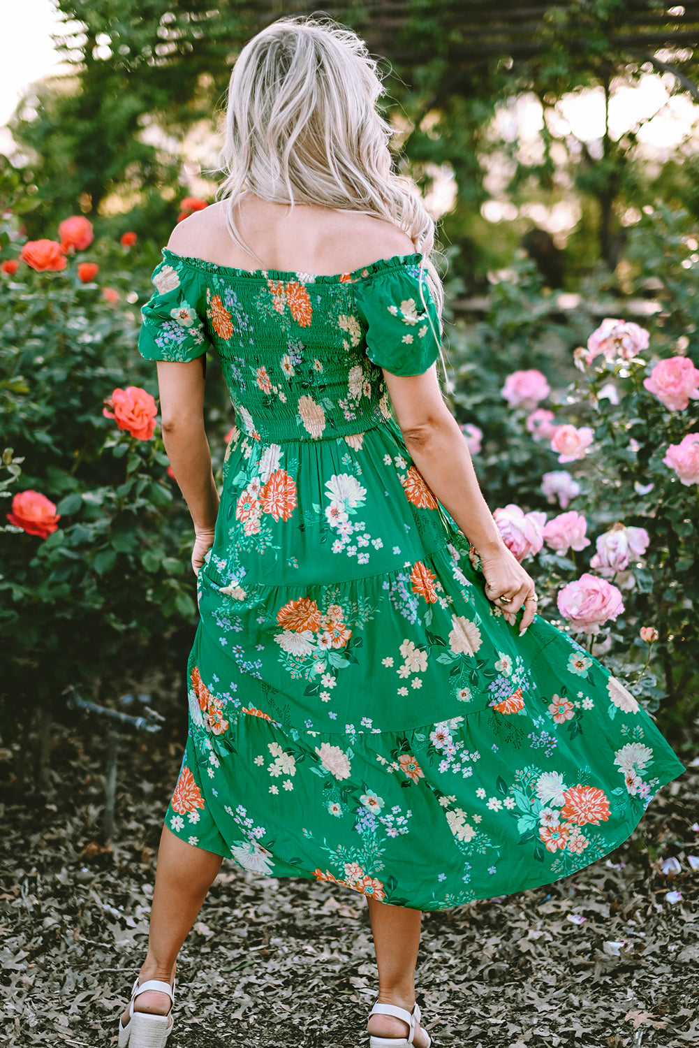 Emerald Garden Smocked Midi Dress