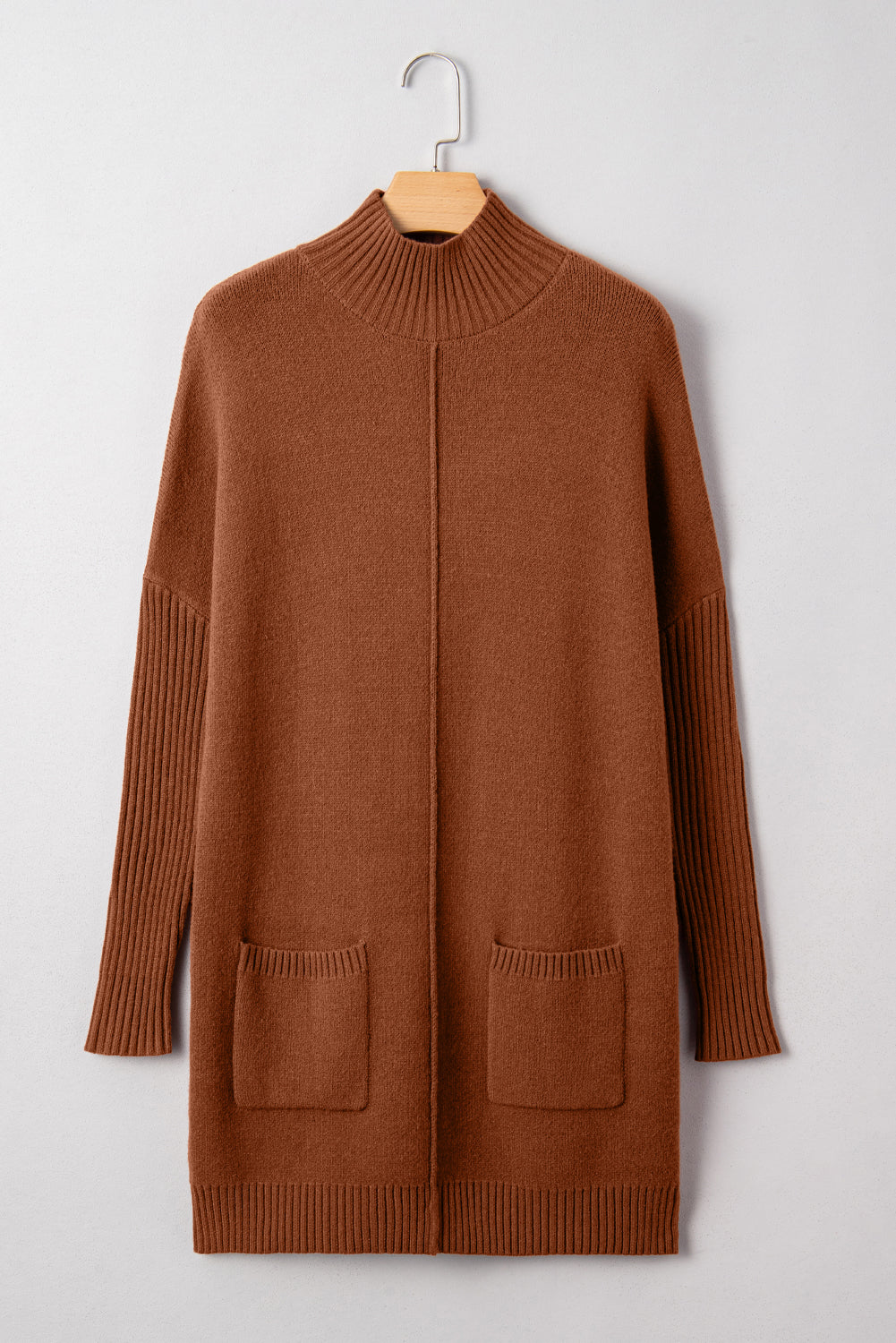 Chestnut Ribbed High Neck Front Pockets Center Seam Shift Sweater Dress