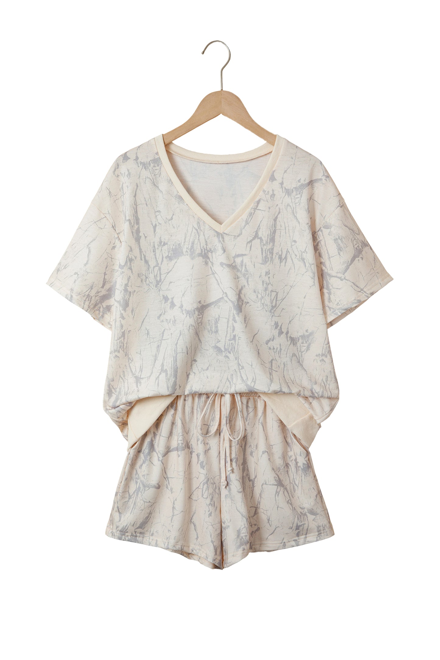 Khaki Abstract Print V Neck Loose Tee Drawstring Shorts 2pcs Outfit