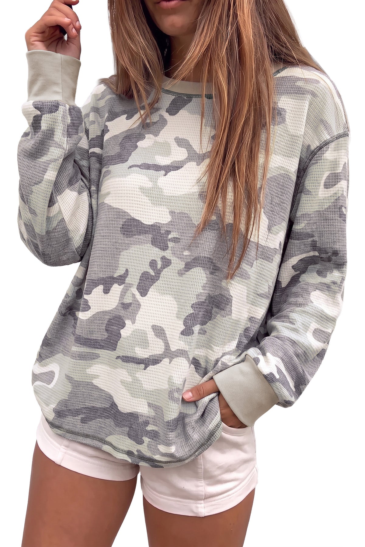 Multicolour Western Camo Textured Knit Long Sleeve Top