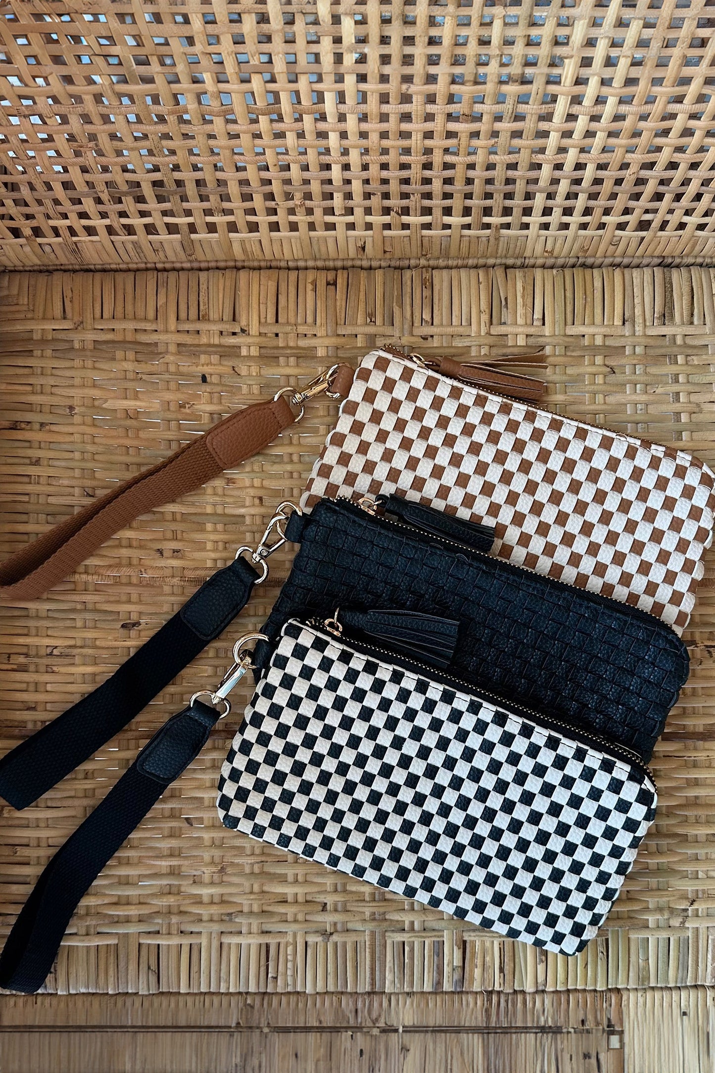 Chestnut Checkered Woven Clutch Wristlet PU Leather Large Size Patterned Wallet