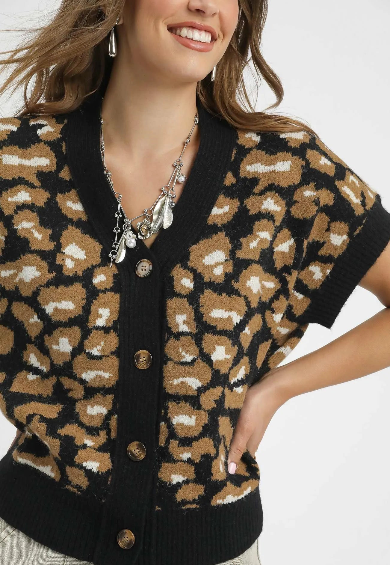 Umgee Leopard Button Down Short Sleeve Cardigan