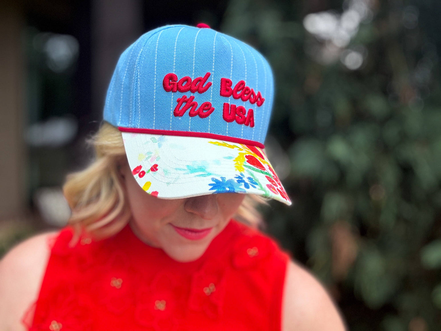 Embroidered Baseball Cap - "God Bless the USA" - Blue + Red