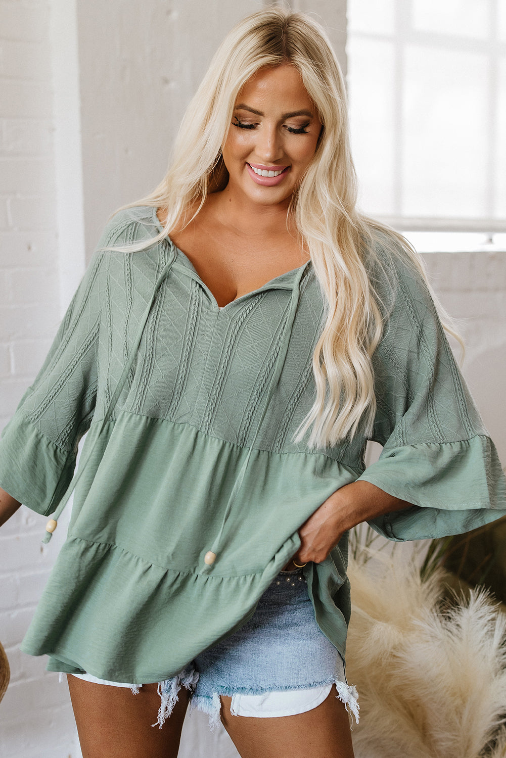 Sage Green Textured Ruffle Patchwork Blouse