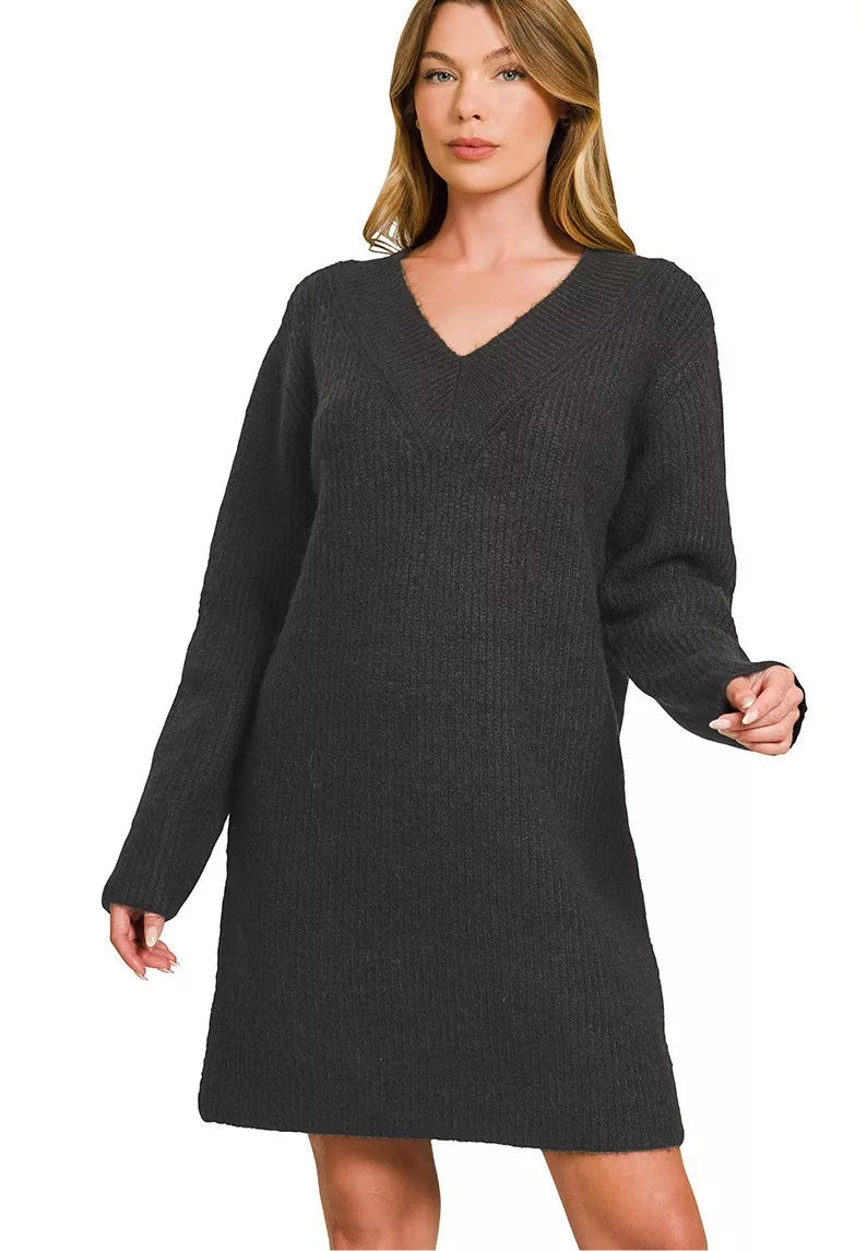 V-Neck Long Sleeve Ribbed Sweater Dress