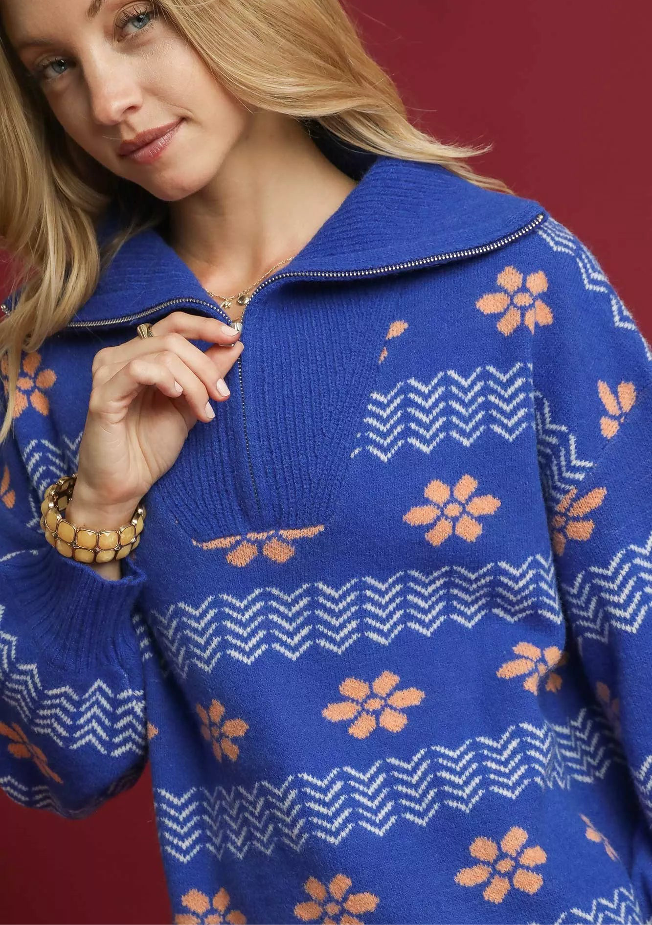 Umgee Floral Patterned Jacquard Quarter-Zip Pullover Sweater
