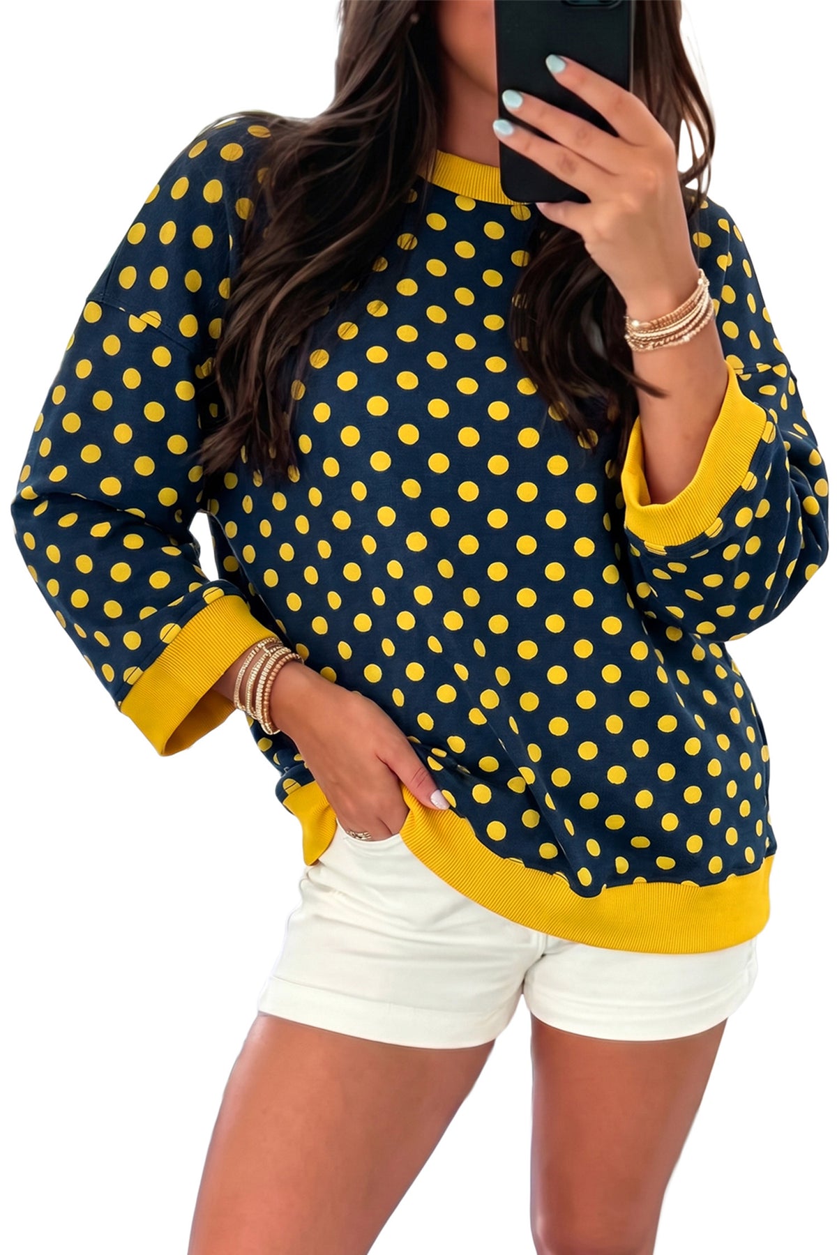 Green Polka Dot Print Contrast Trim Round Neck Bracelet Sleeve Top