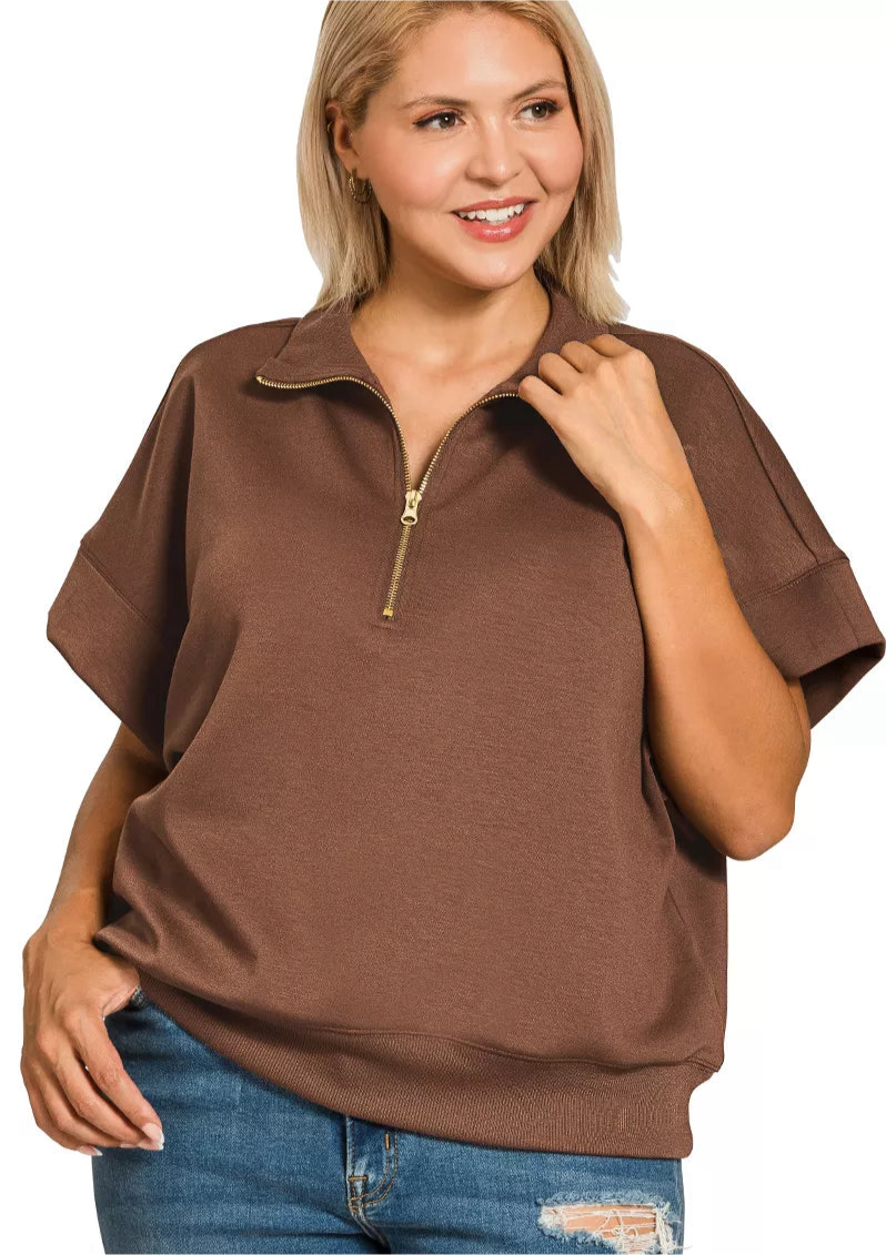 Zenana Full Size Scuba High Neck Half Zip Short Sleeve Top Plus Size
