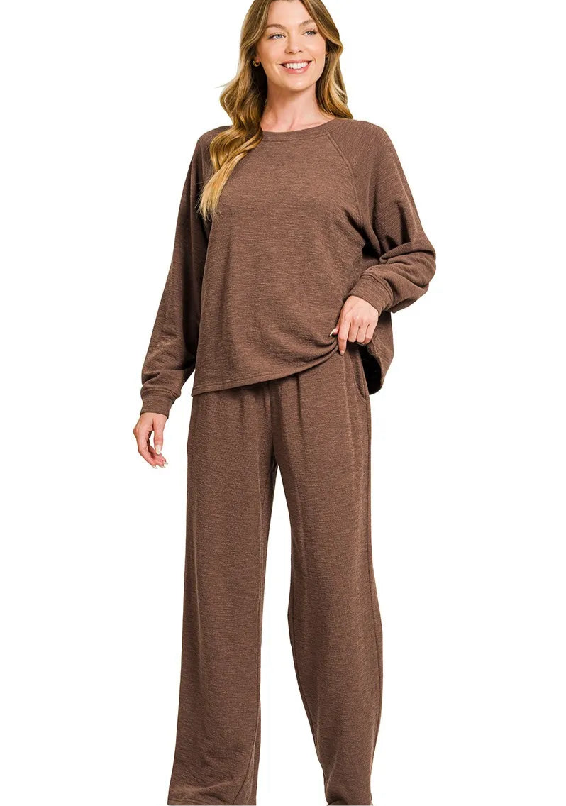 Zenana Slub Long Sleeve Top and Pants Lounge Set