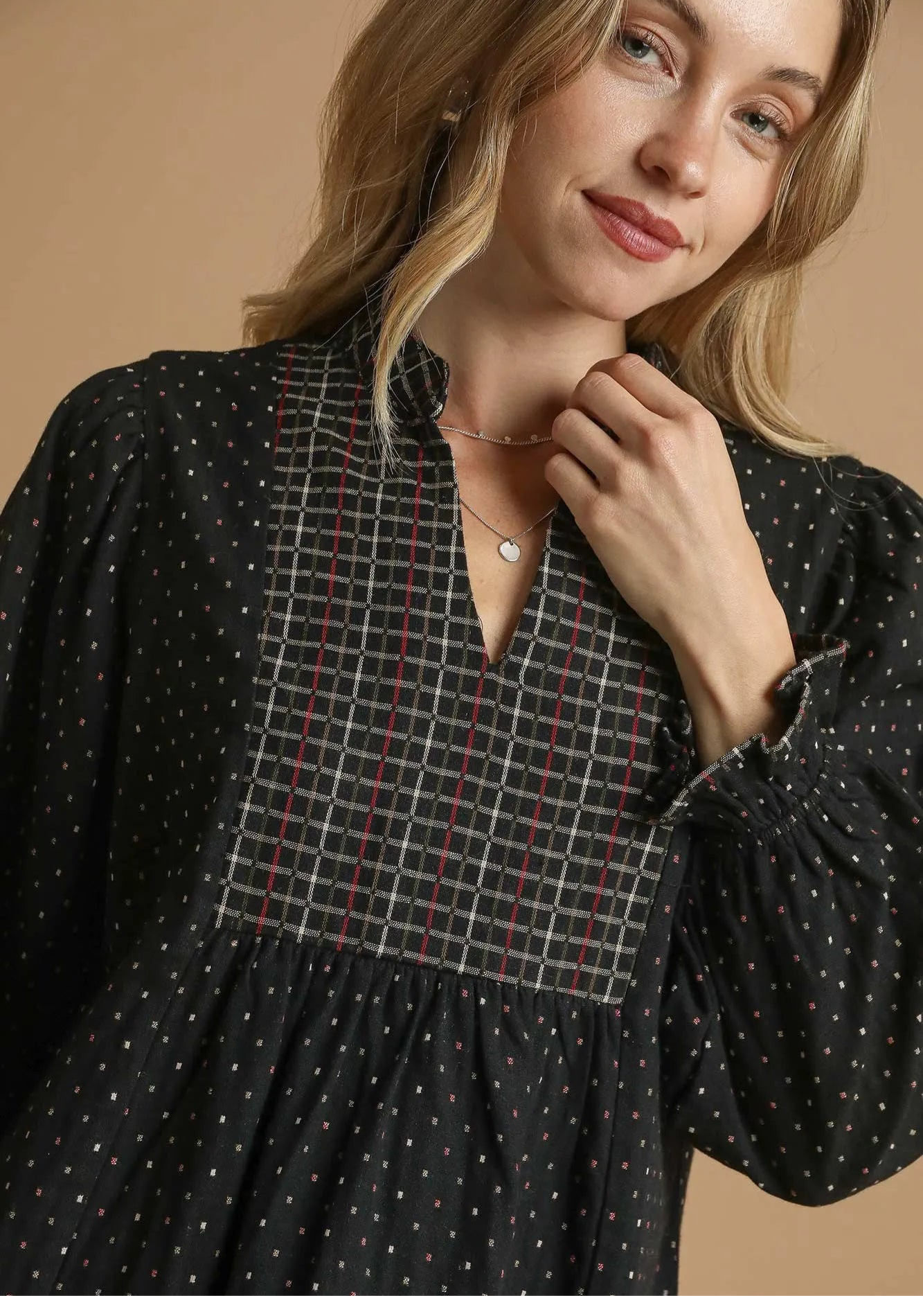 Umgee Polka Dot Plaid Trim Babydoll Dress