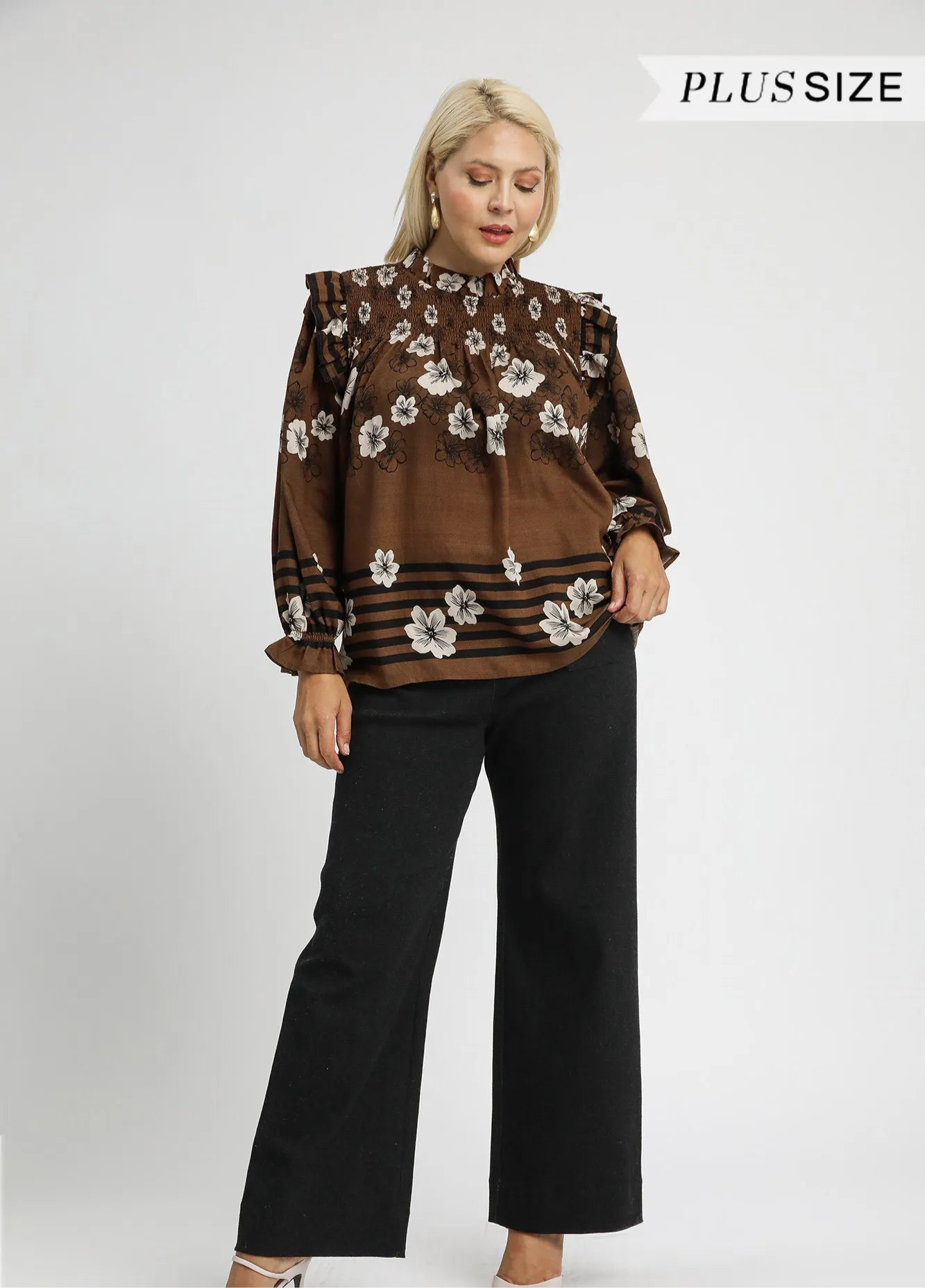 Umgee Full Size Mix Floral Smocked Ruffle Blouse Plus Size