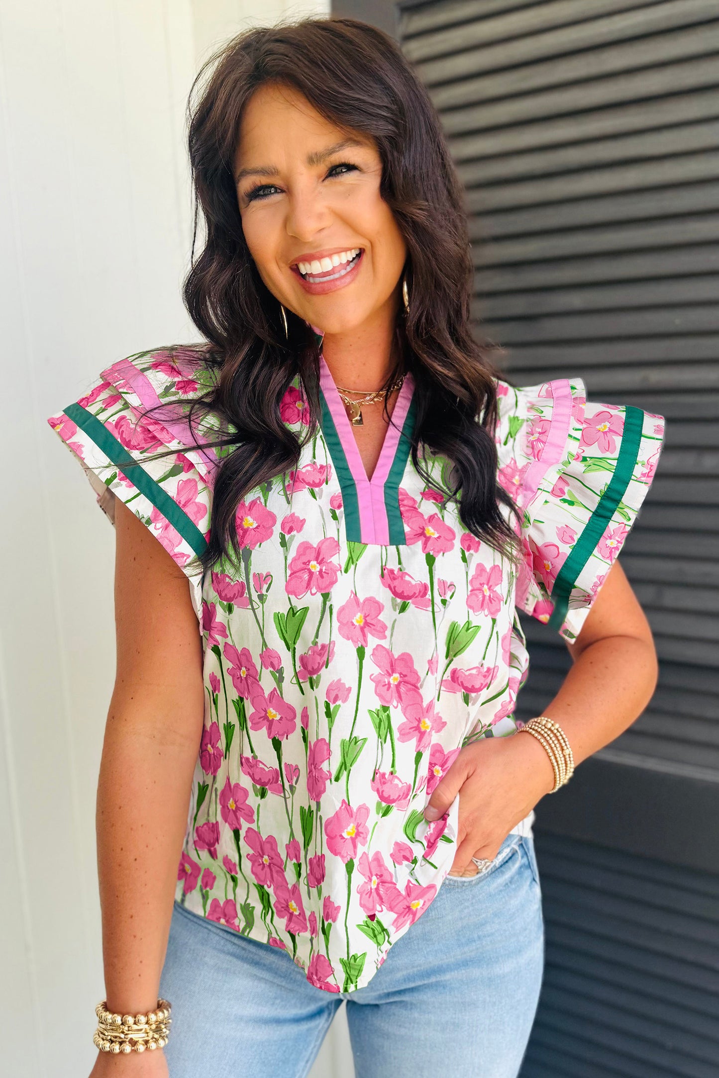 Pink Floral Ruffled Short Sleeve Blouse