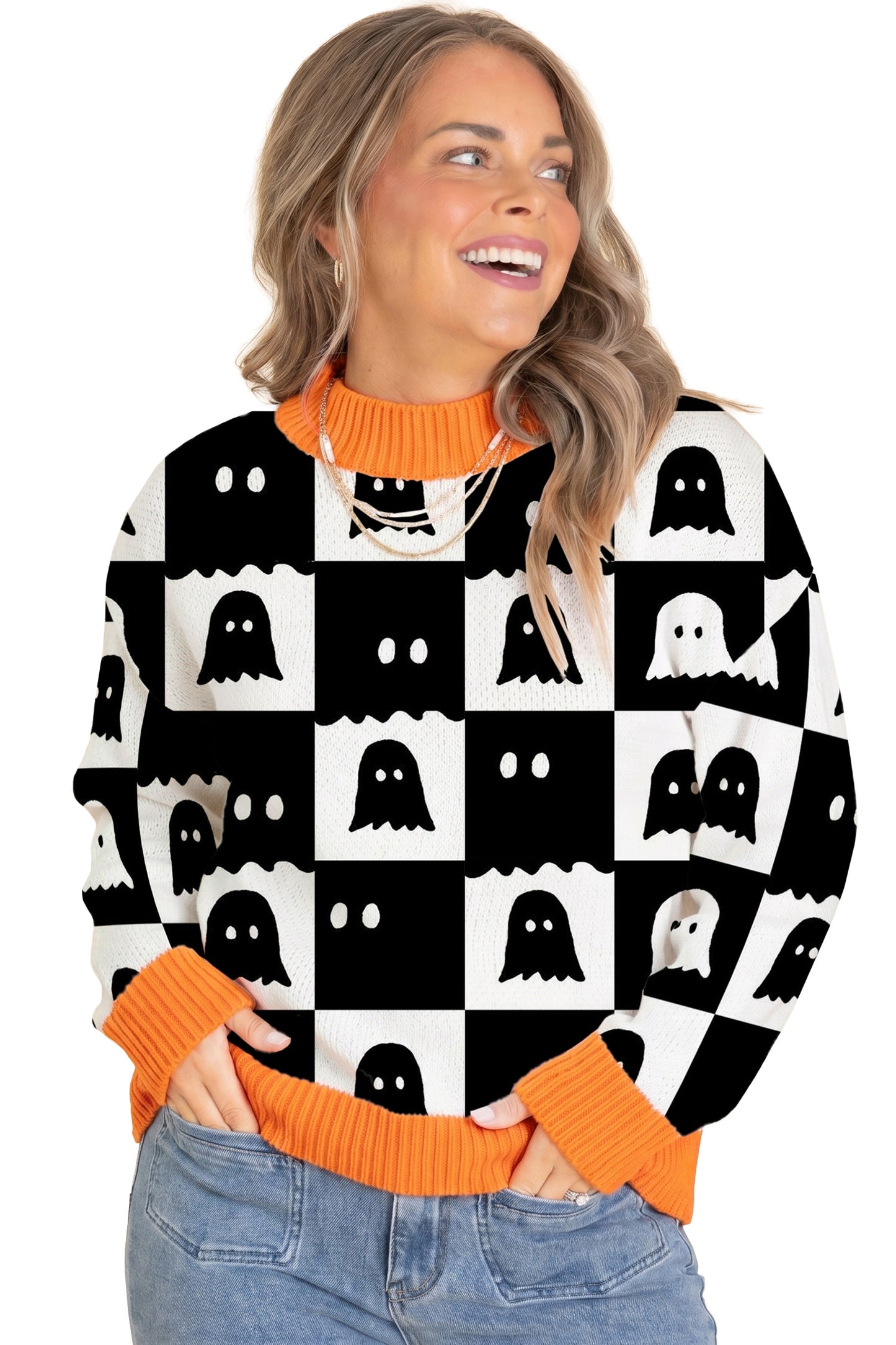 Black High Neck Drop Shoulder Geometric Print Sweater