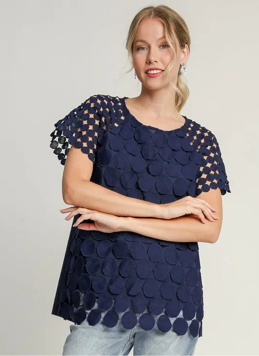 Umgee Full Size Mixed Polka Dot Lace Raglan Sleeve Boxy Cut Top Plus Size