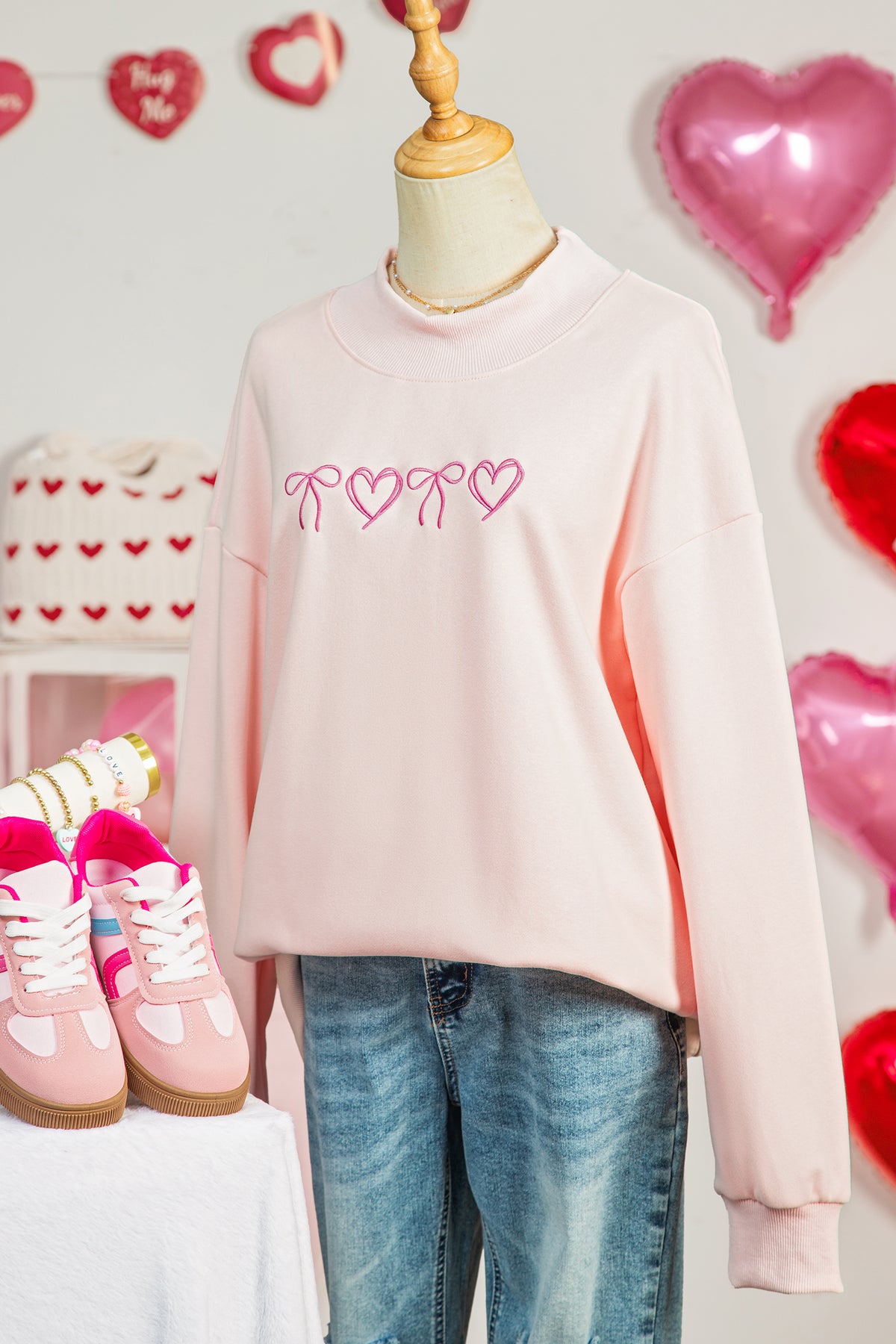 Apricot Pink Valentines Bow Heart Embroidered Mock Neck Sweatshirt