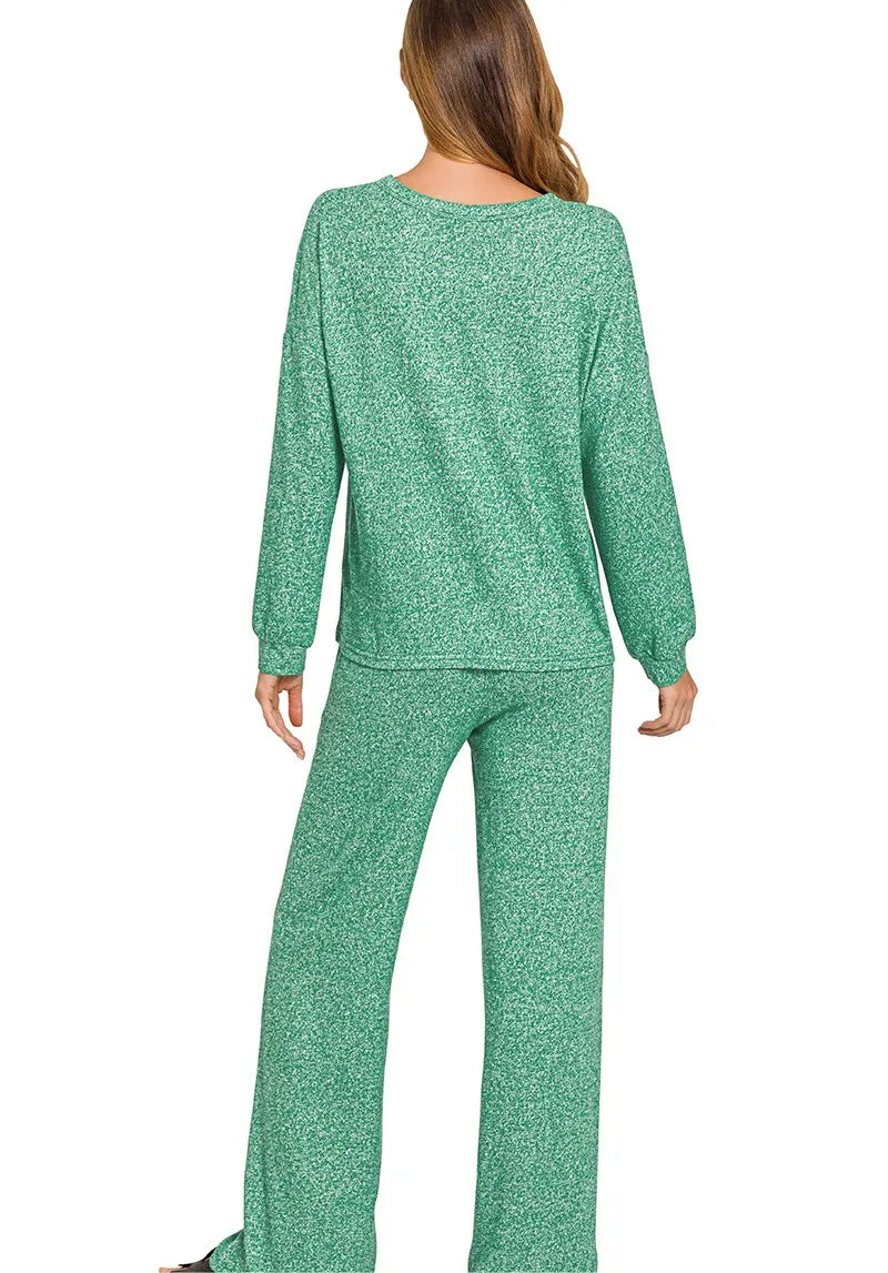 Zenana Soft Melange Long Sleeve Tee & Pants Set