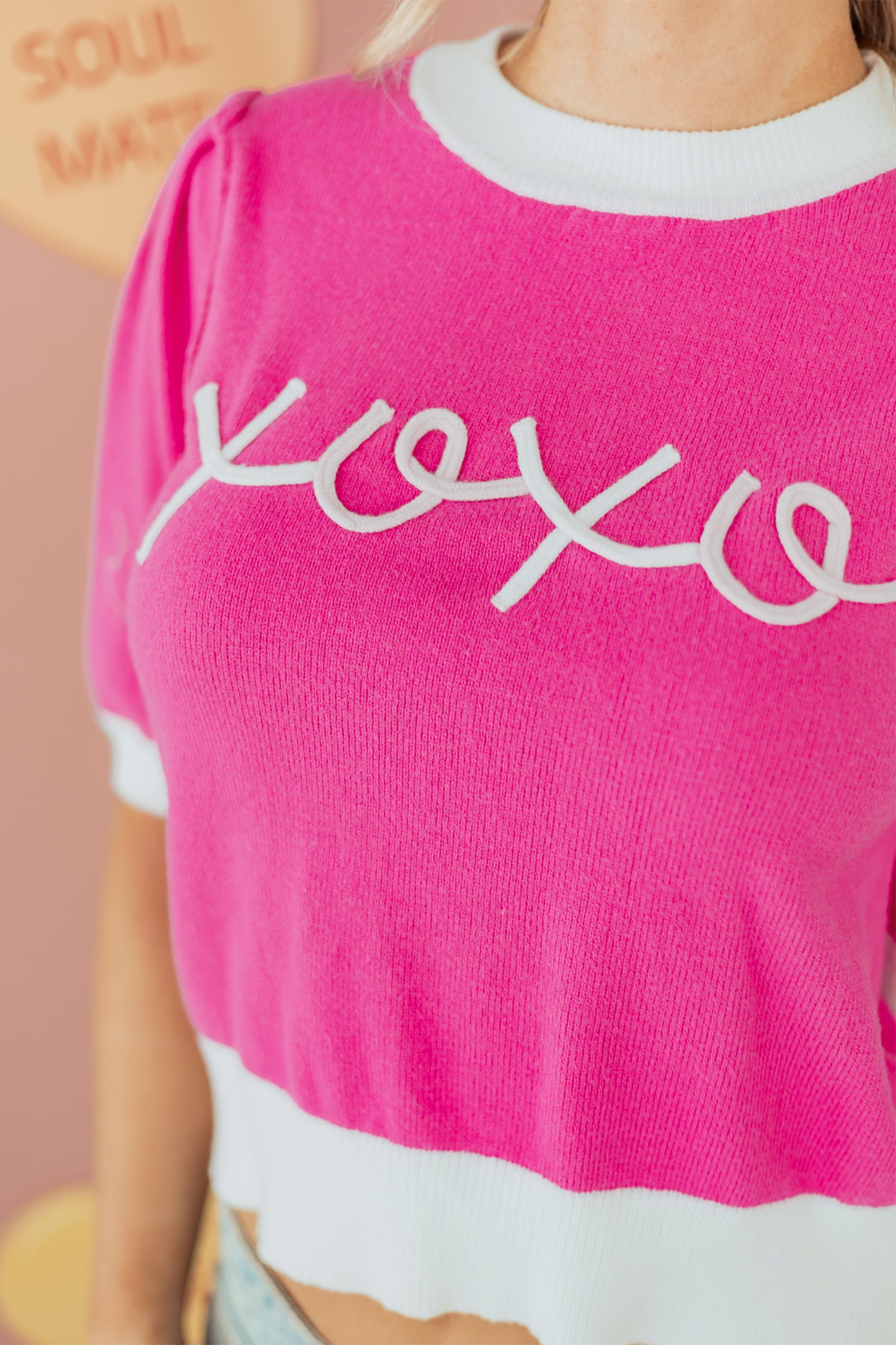 Bright Pink XOXO Embroidered Sweater Tee