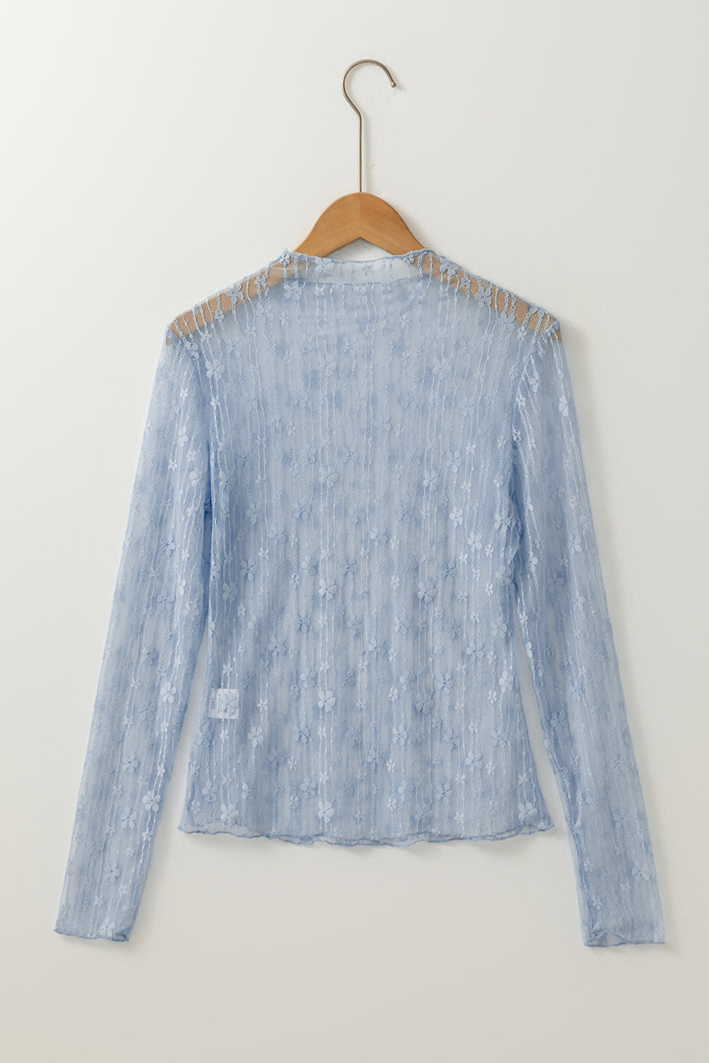 Blue Sheer Floral Lace Long Sleeve Slim Fit Top