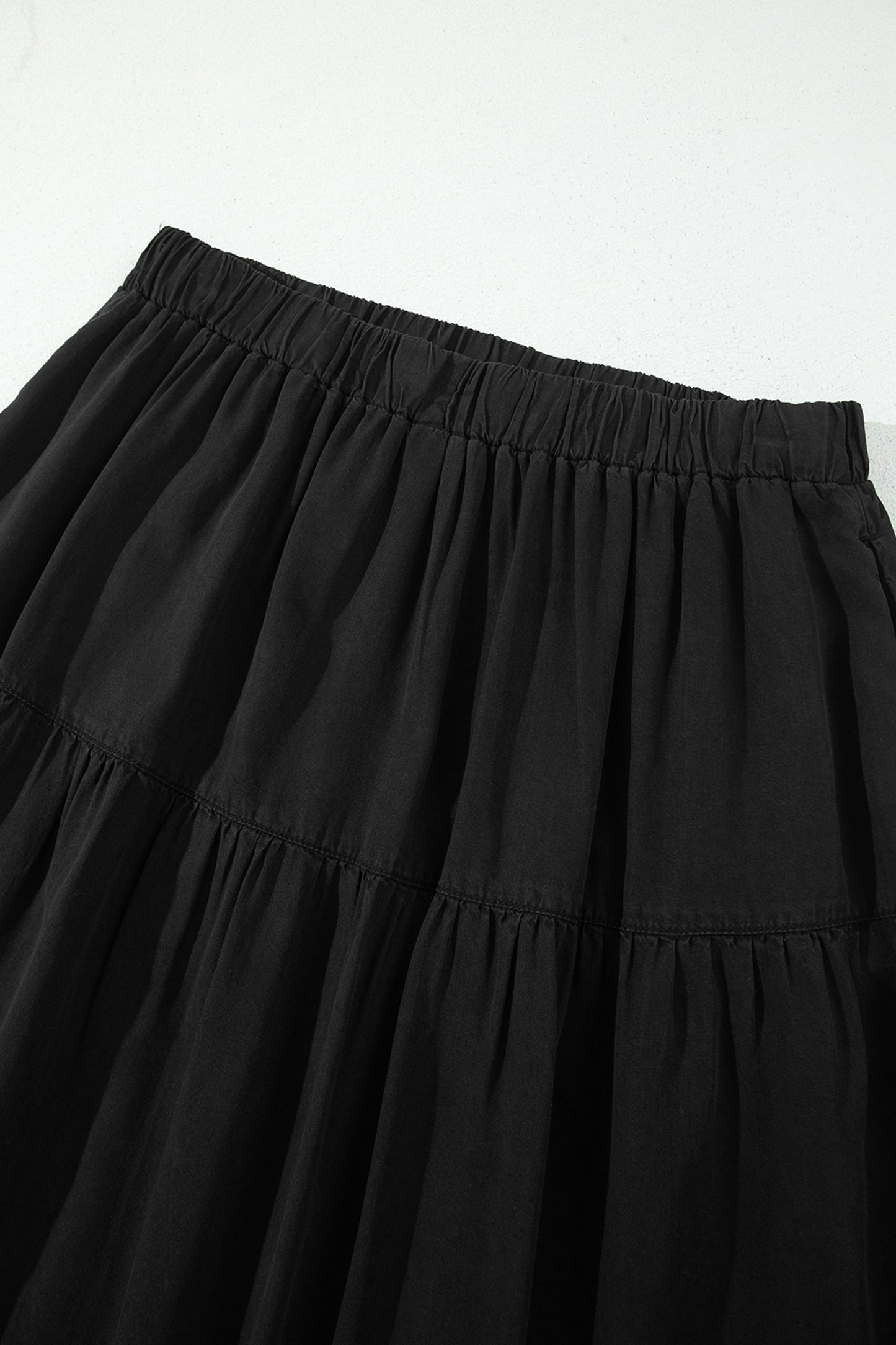 Beau Blue Elastic Waist Ruffled Tiered Flared Denim Maxi Skirt