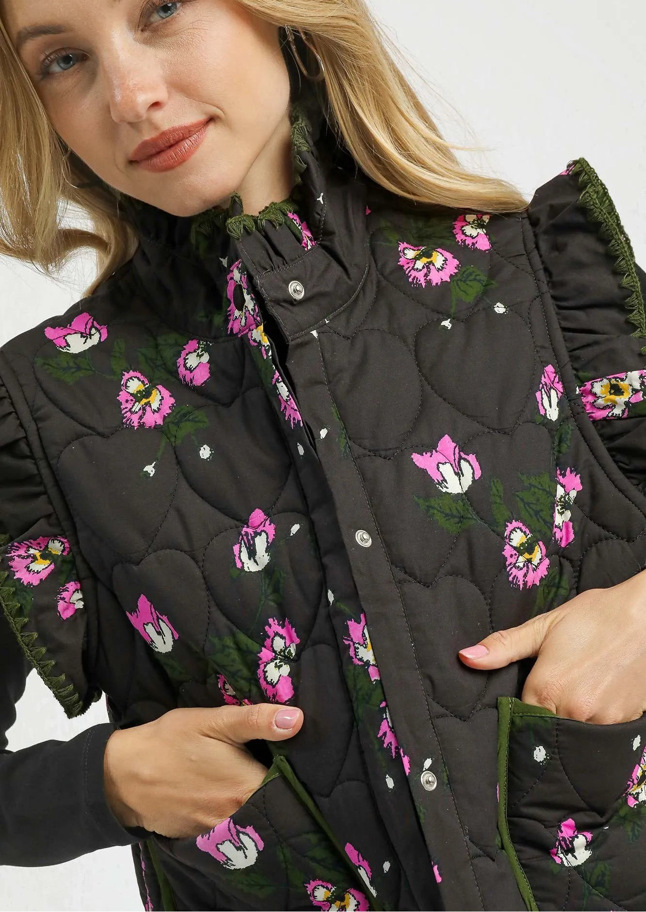 Umgee Ruffled Quilted Floral Snap Down Vest