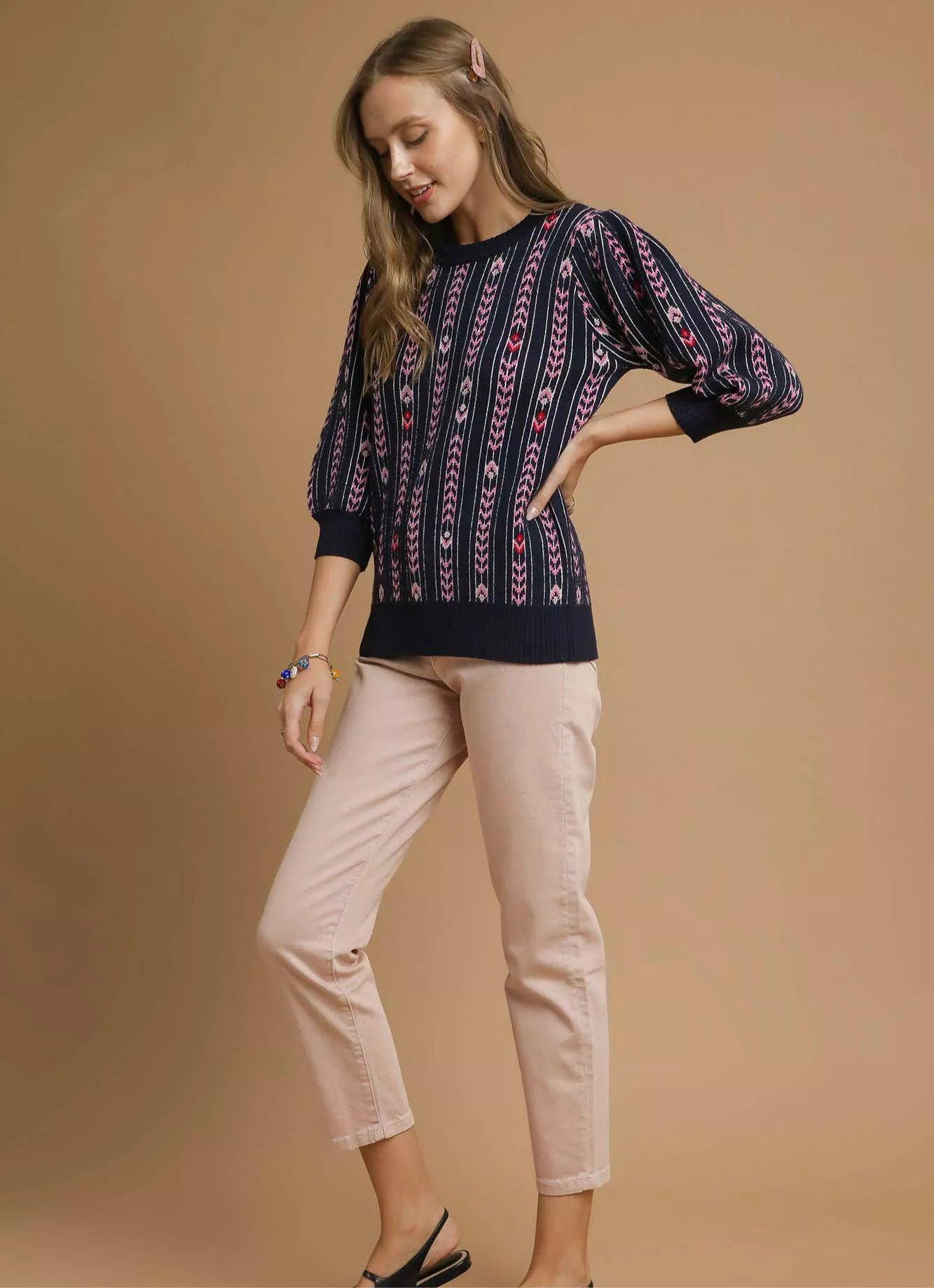 Umgee Jacquard Knit Puff Sleeve Sweater