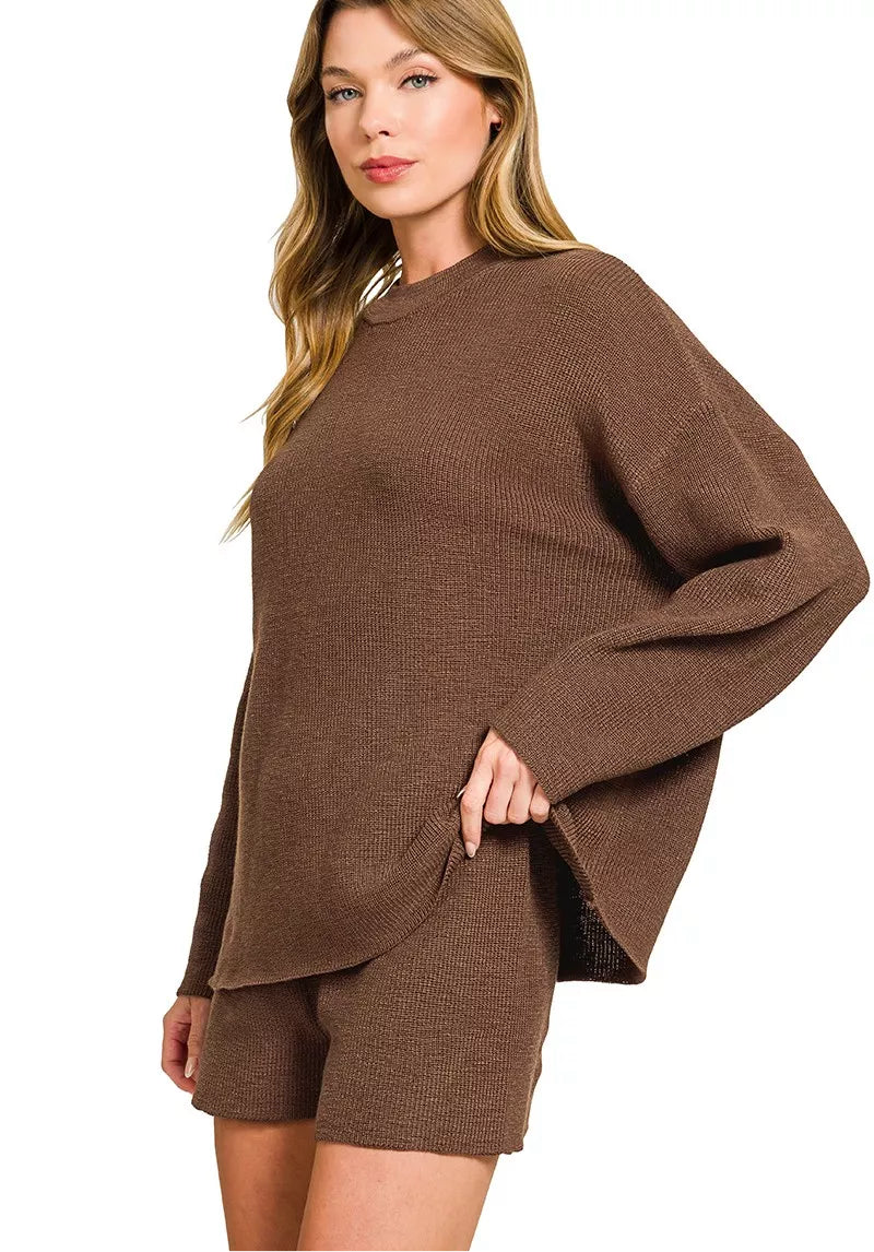 Zenana Round Neck Knit Top and Shorts Sweater Set