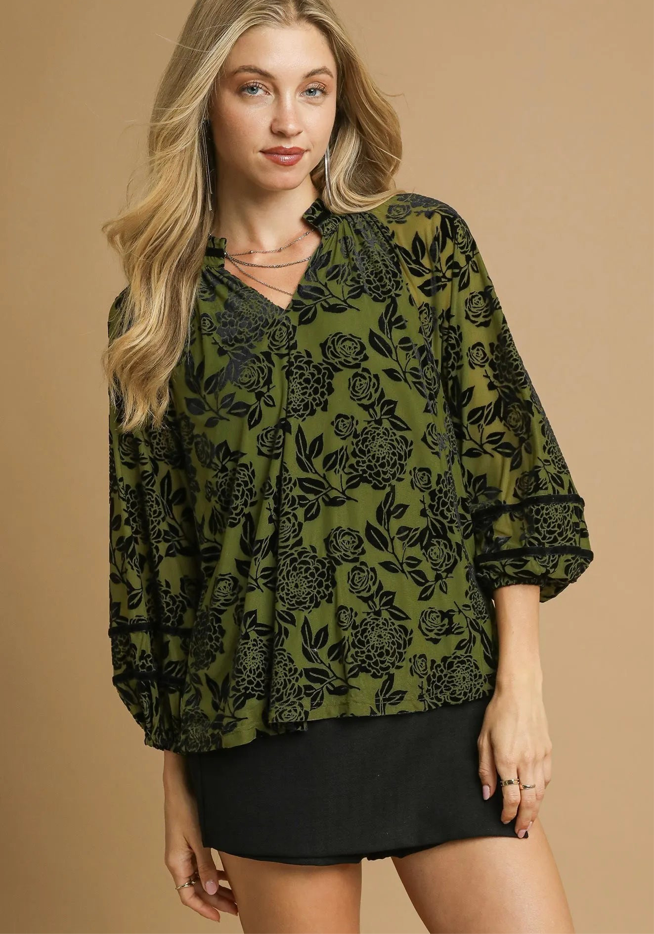 Olive Bloom Full Size Floral Velvet Blouse with Balloon Sleeves