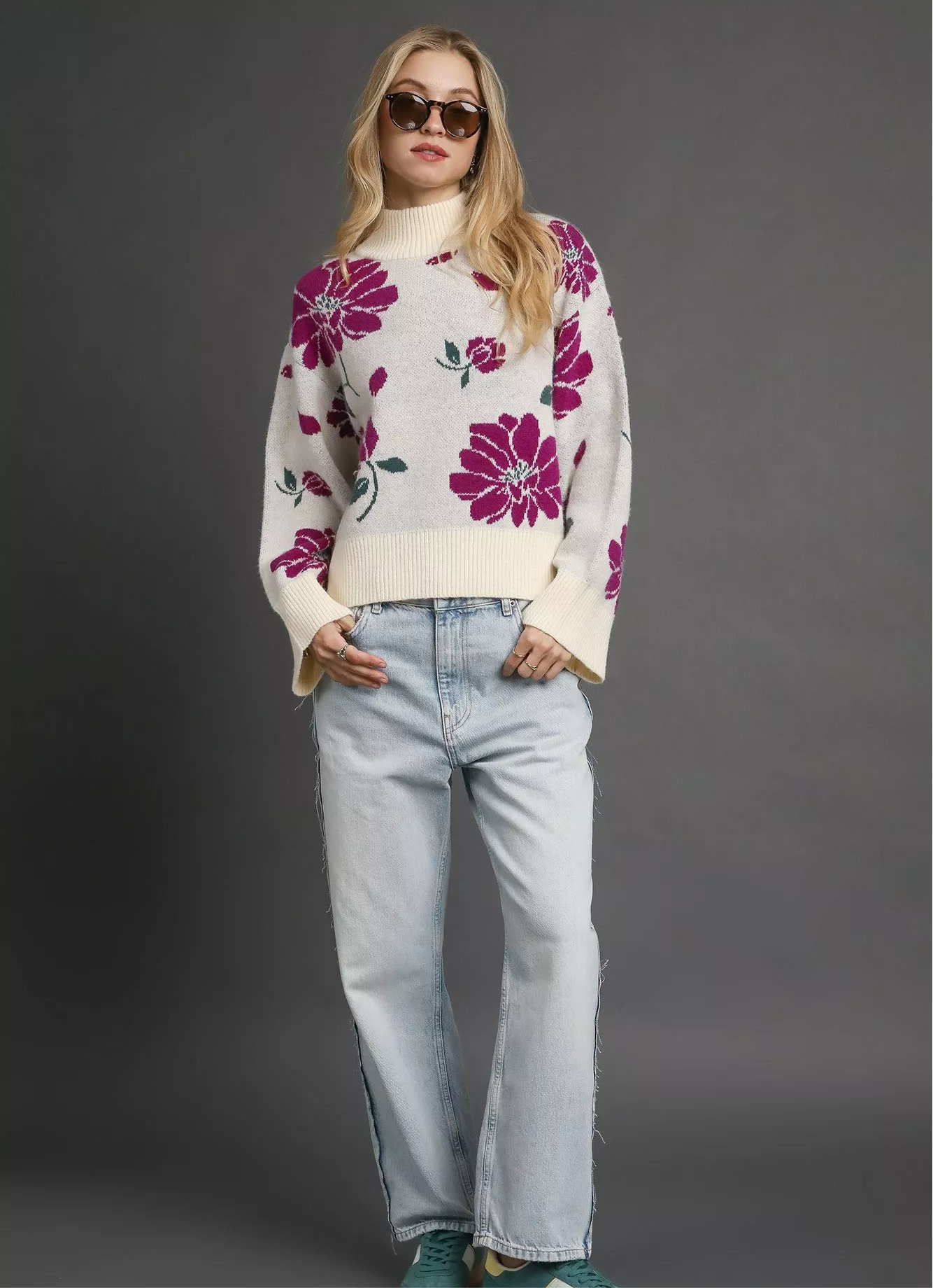 Umgee Floral Patterned Mock Neck Sweater