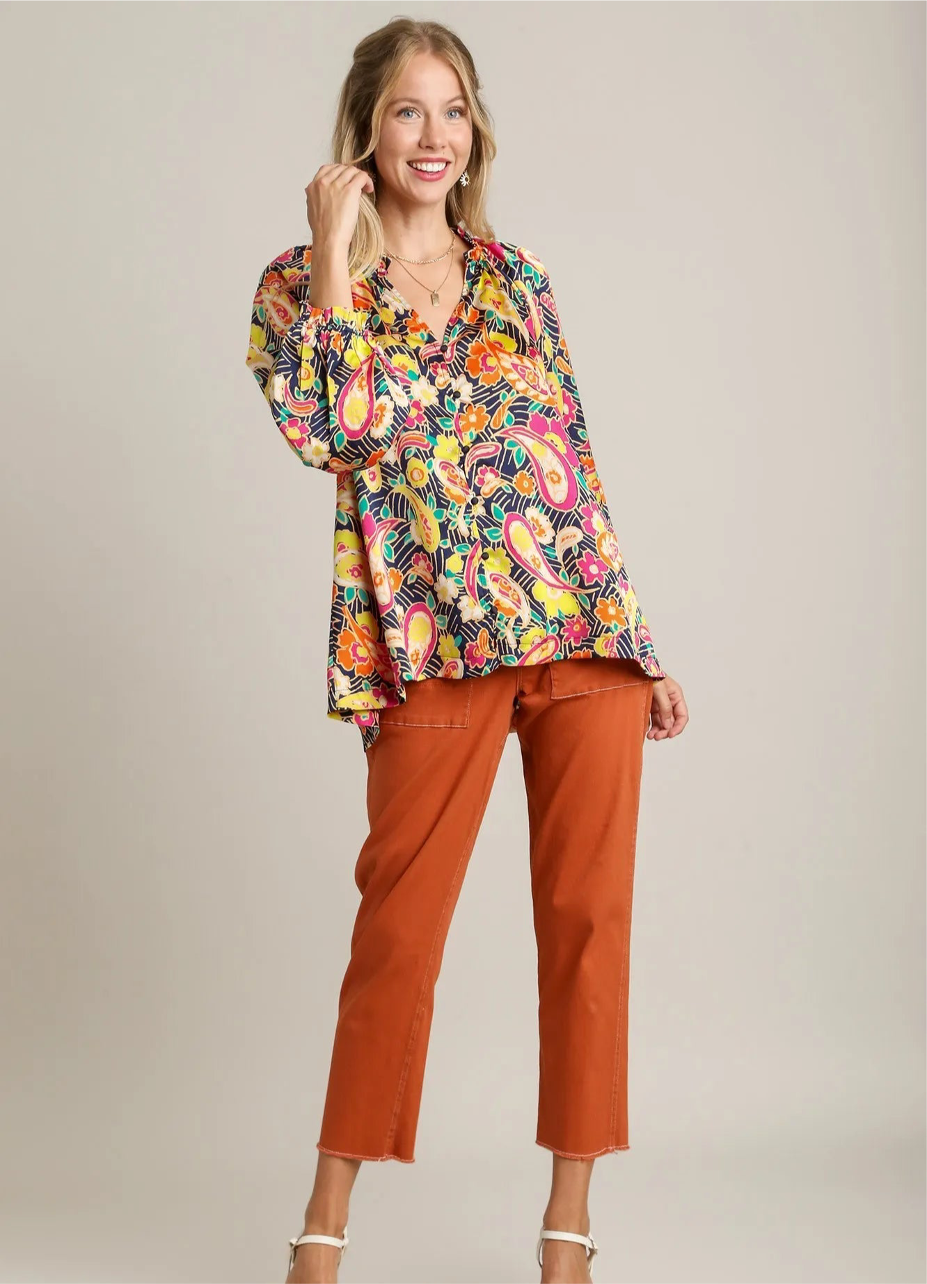 Extra Credit Paisley Ruffle Neck Button-Up Shirt Plus Size