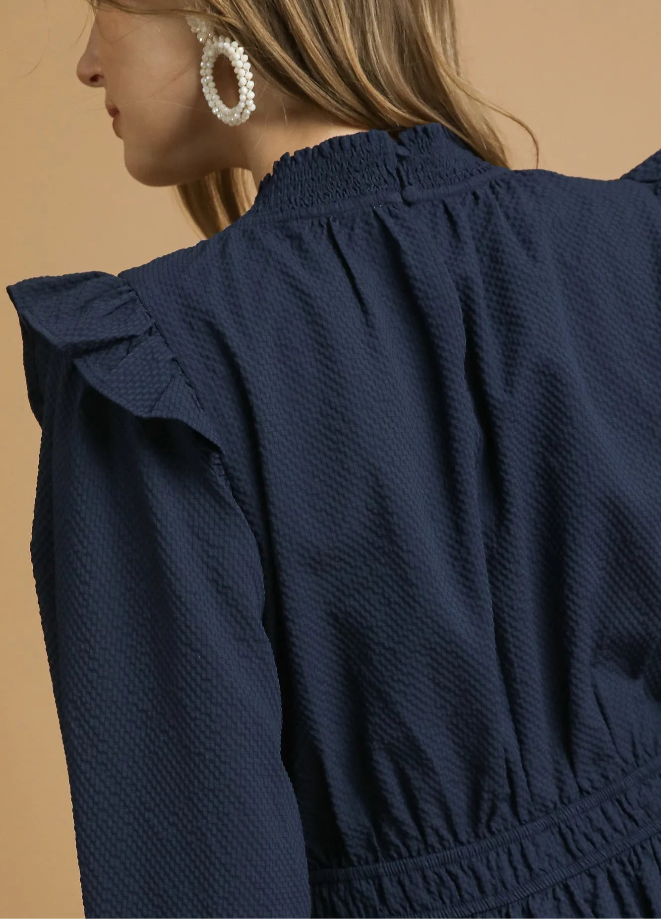 Umgee Textured Midi Dress with Ruffle Shoulder Detail