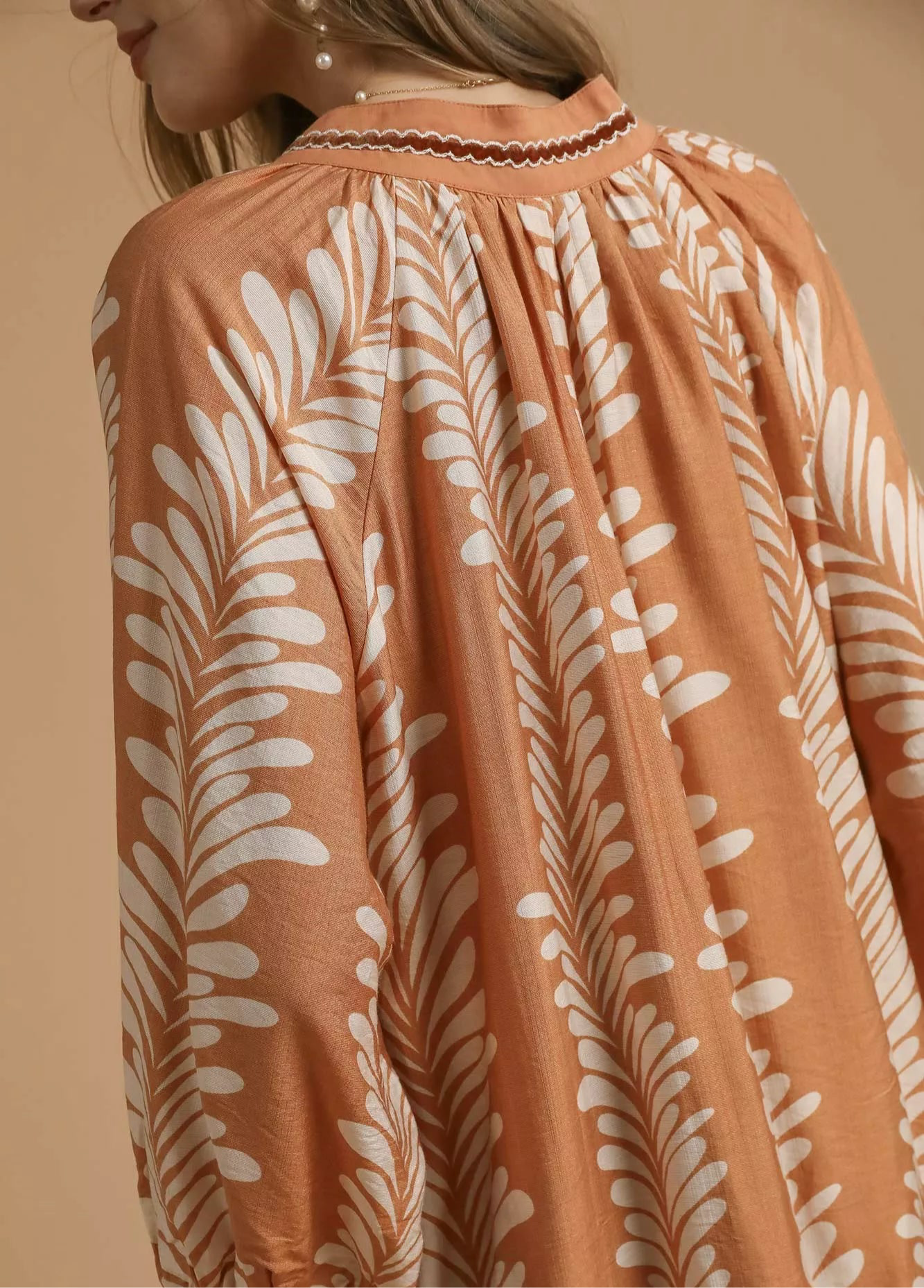 Umgee Leaf Print Notched Mini Babydoll Dress