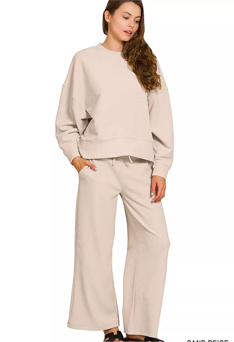 Zenana Ribbed Round Neck Pullover and Drawstring Pants Set