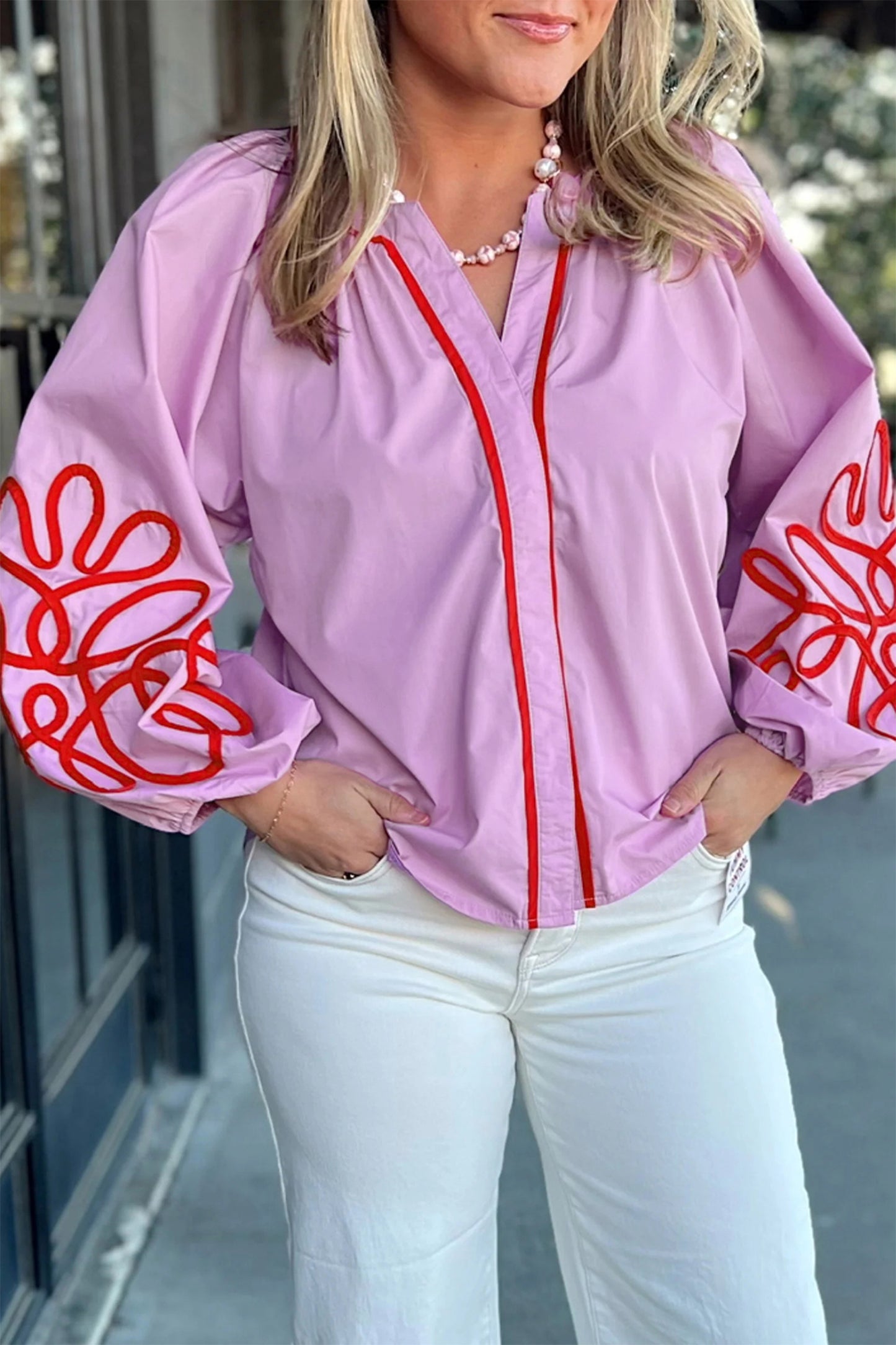 Orchid Bouquet Contrast Detail Long Sleeve Decorative Neckline Cotton Blouse