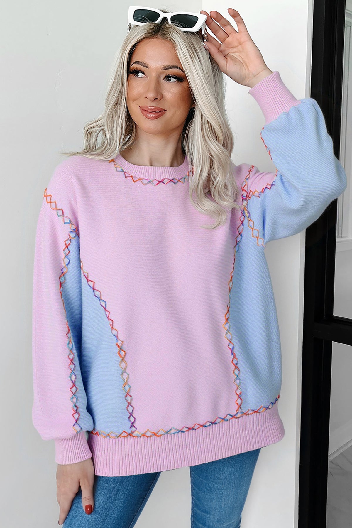 Orchid Bouquet Rainbow Stitching Balloon Sleeve Relaxed Sweater