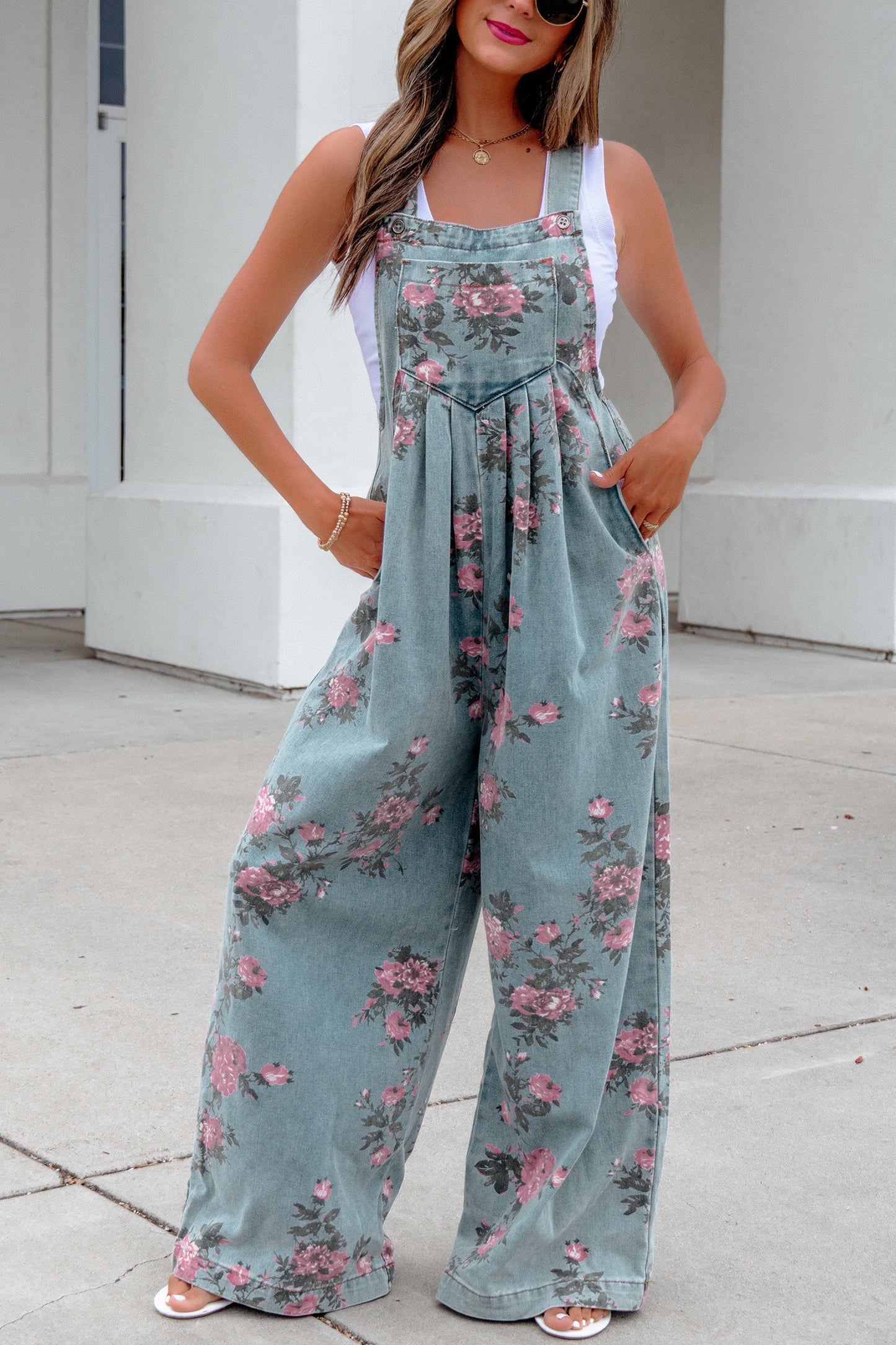 Sage Blossom Denim Jumpsuit