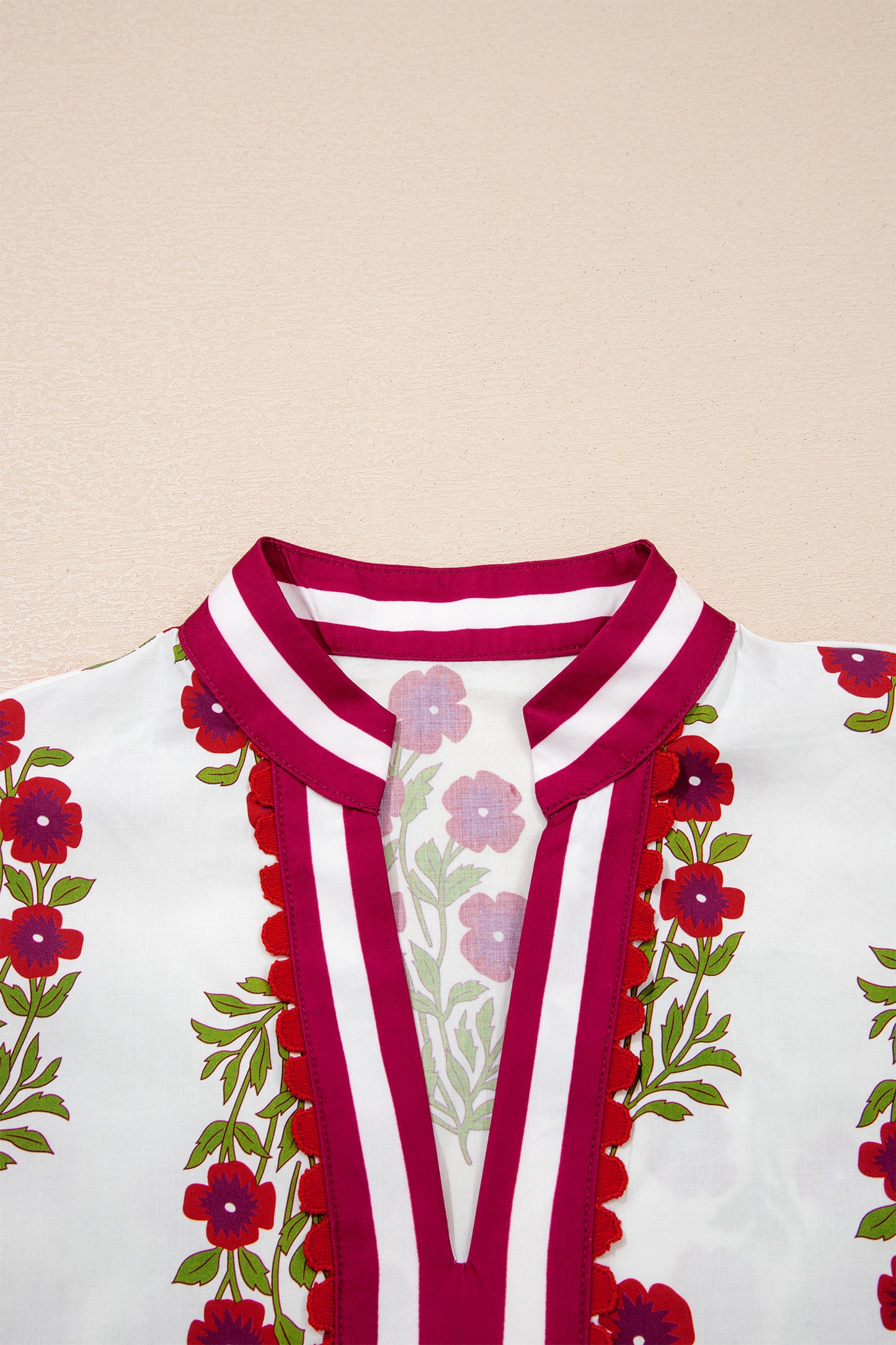 White Floral Short Bubble Sleeve Contrast Slit Neckline Blouse