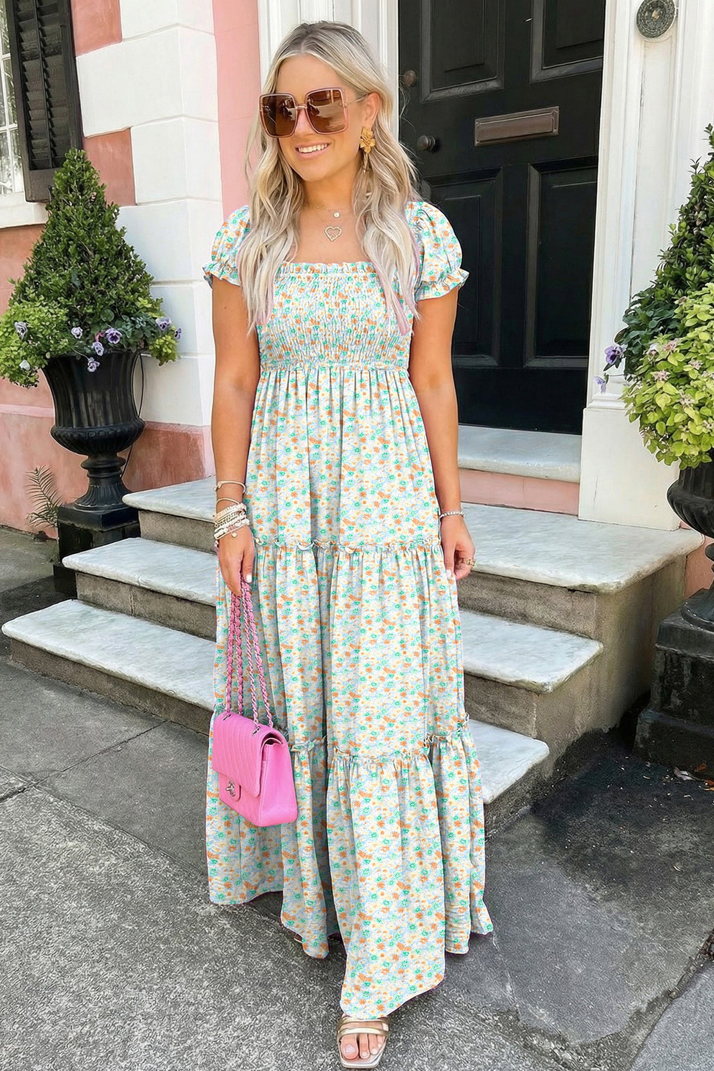 Golden Petals Smocked Maxi