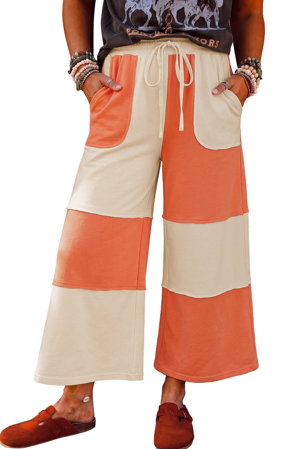 Russet Orange Raw Seam Colorblock Wide Leg Ankle Length Casual Pants