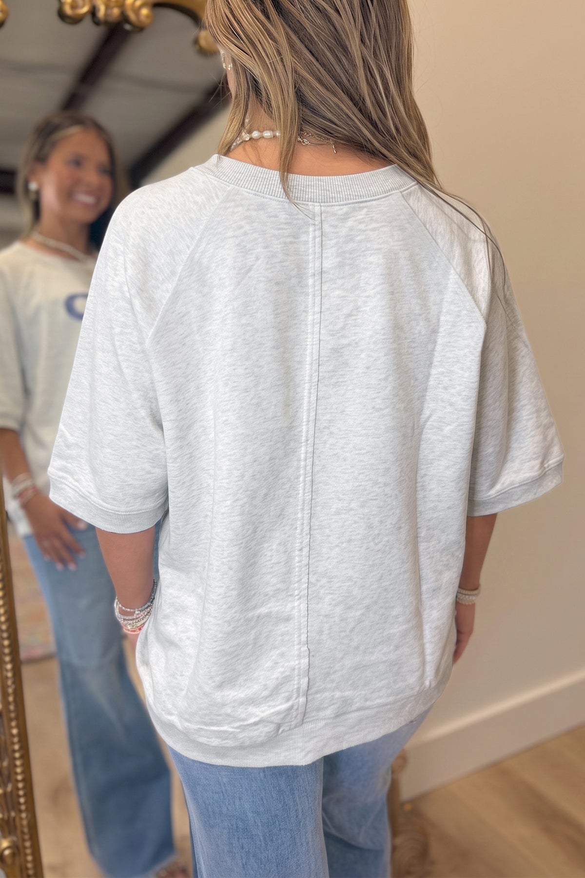 Grey GOD IS GOOD Patchwork Applique Relaxed 3/4 Sleeve Tunic Top