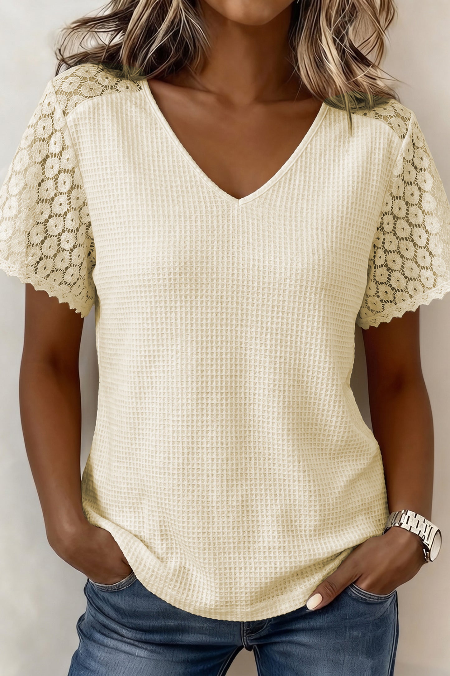Pink Lace Splicing Button Cutout V Neck Waffle Knit Blouse