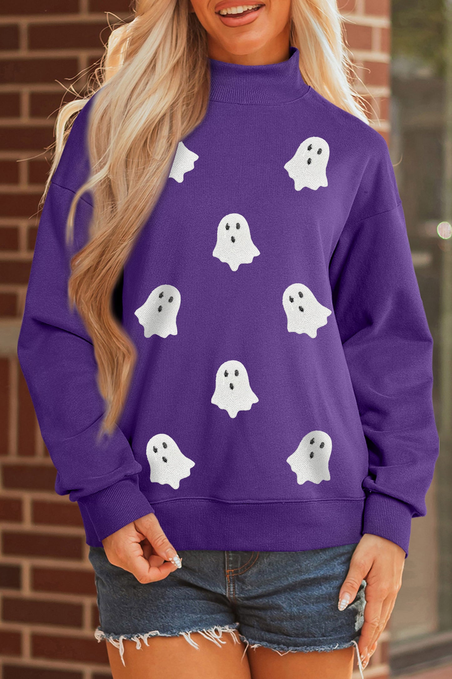 Tillandsia Purple Halloween Sequined Ghost Print Mock Neck Graphic Sweatshirt
