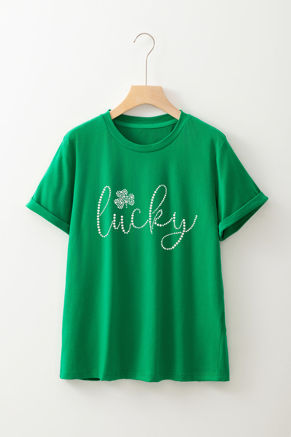 Bright Green Rhinestone Lucky Clover Graphic Tee