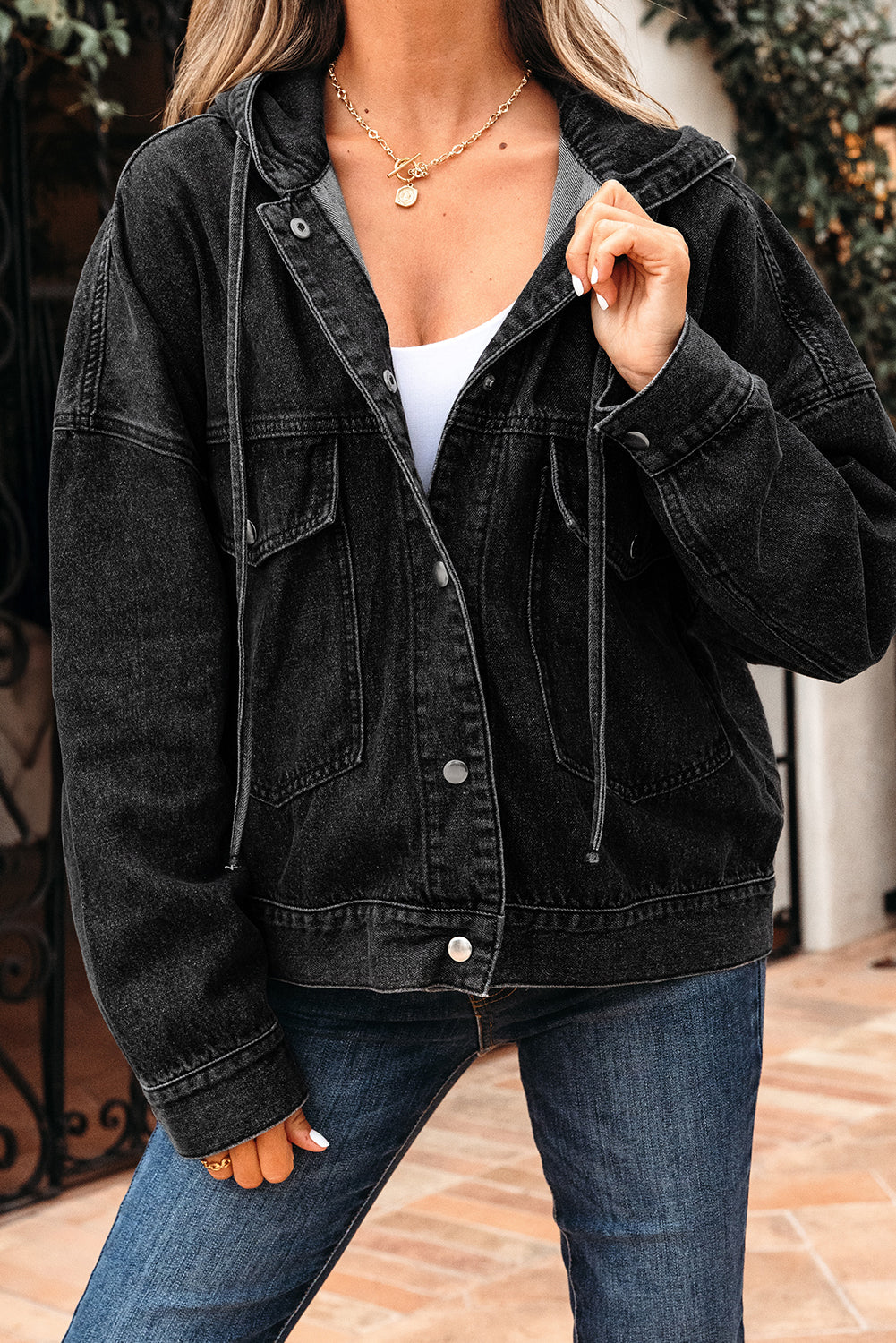 Black Big Chest Pocket Drop Shoulder Hooded Denim Jacket