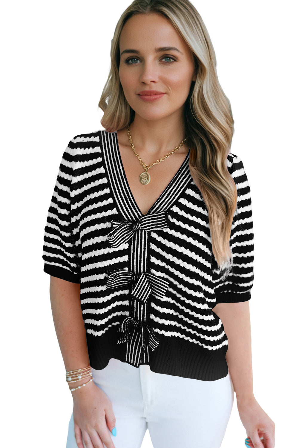 Parisian Bow Stripe Knit Blouse
