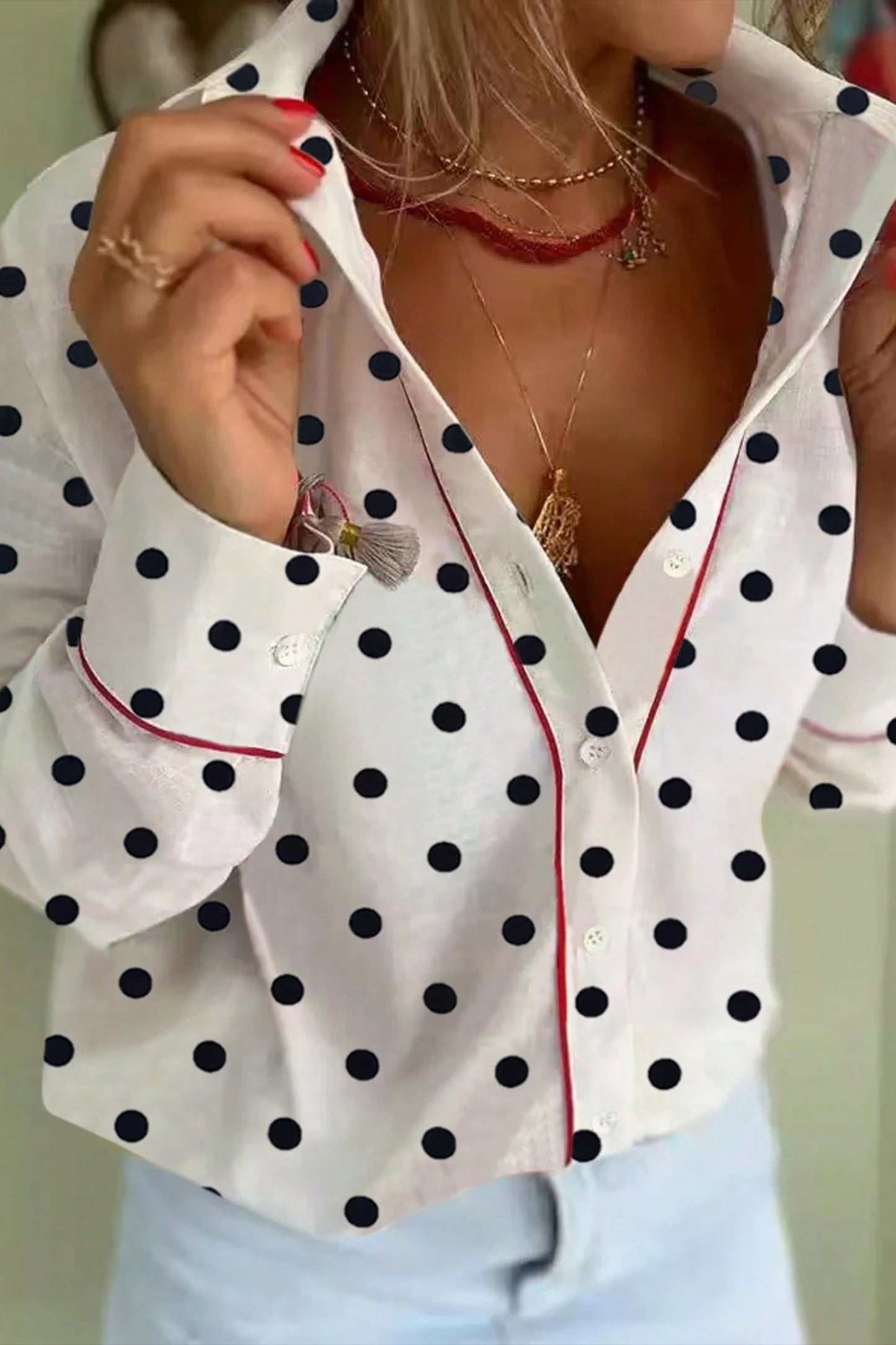 White Polka Dot Print Contrast Piping Elegant Shirt